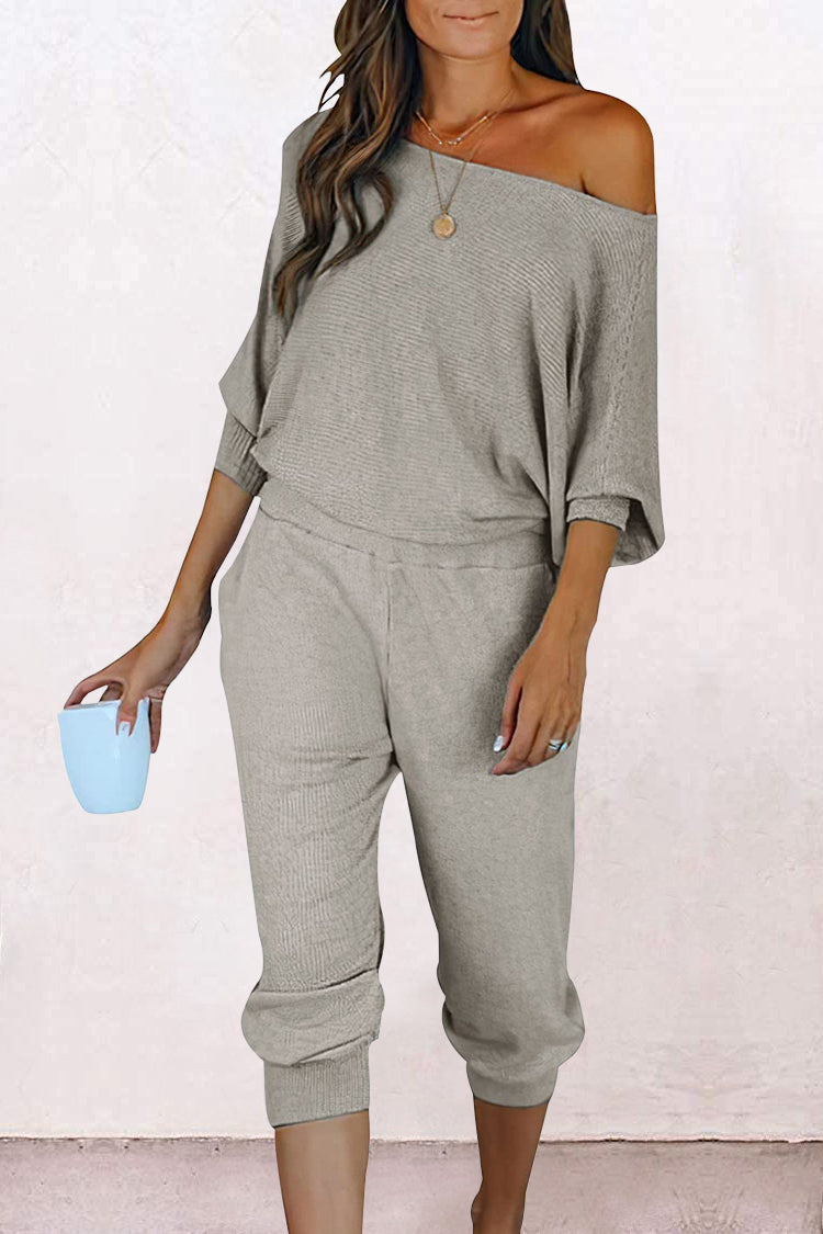 Women's 2 Piece Ribbed Tracksuit Outfits Off Shoulder Long Sleeve Pullover Lounge Pants with Pockets