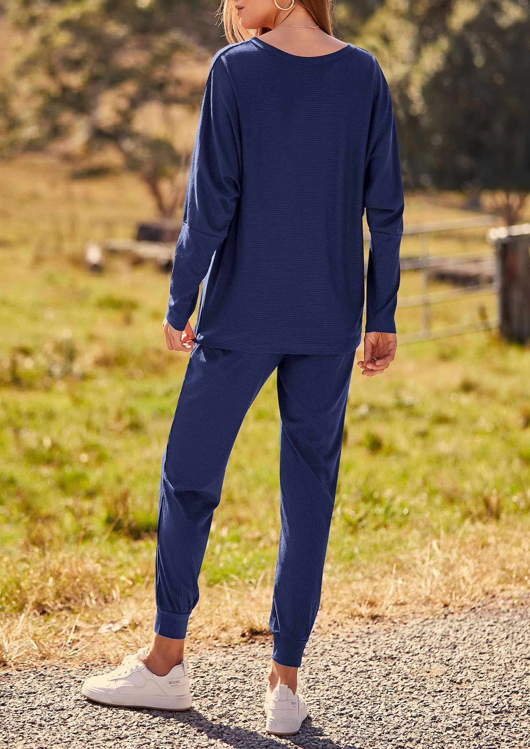 Women's Fall 2 Piece Lounge Set Long Sleeve Tops Ribbed Pants Spring Matching Sweatsuit Travel Outfits Clothes