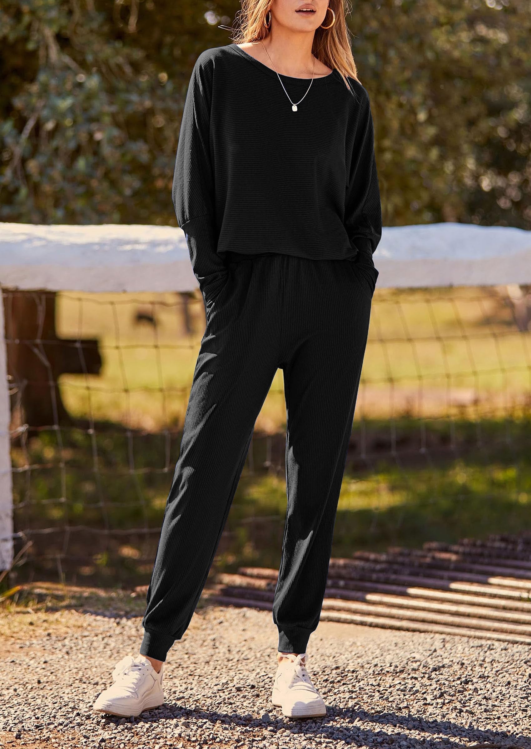 Women's Fall 2 Piece Lounge Set Long Sleeve Tops Ribbed Pants Spring Matching Sweatsuit Travel Outfits Clothes