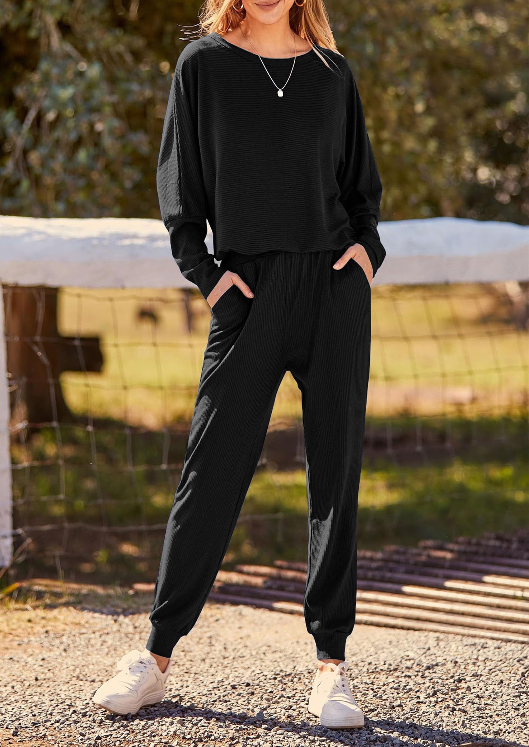 Women's Fall 2 Piece Lounge Set Long Sleeve Tops Ribbed Pants Spring Matching Sweatsuit Travel Outfits Clothes