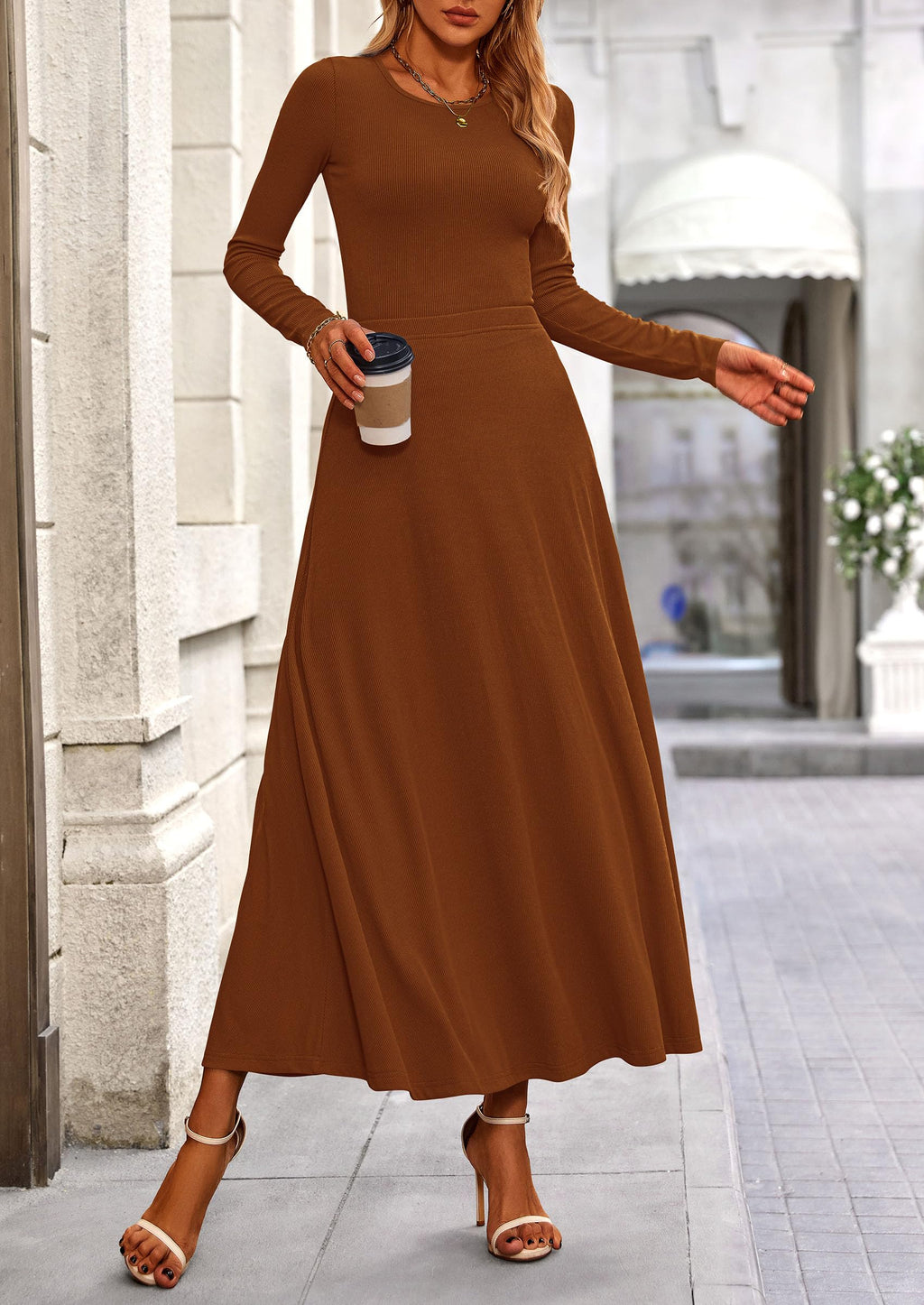 2 Piece Casual Ribbed Knit Long Sleeve Crop Tops Maxi Flowy Skirts Matching Sets