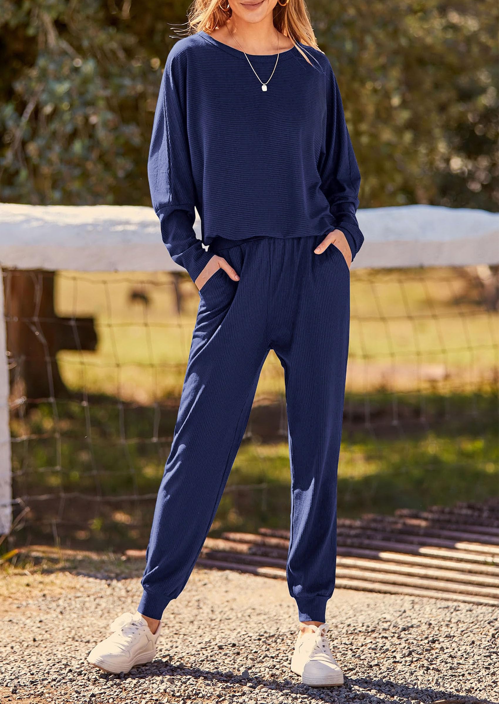 Women's Fall 2 Piece Lounge Set Long Sleeve Tops Ribbed Pants Spring Matching Sweatsuit Travel Outfits Clothes