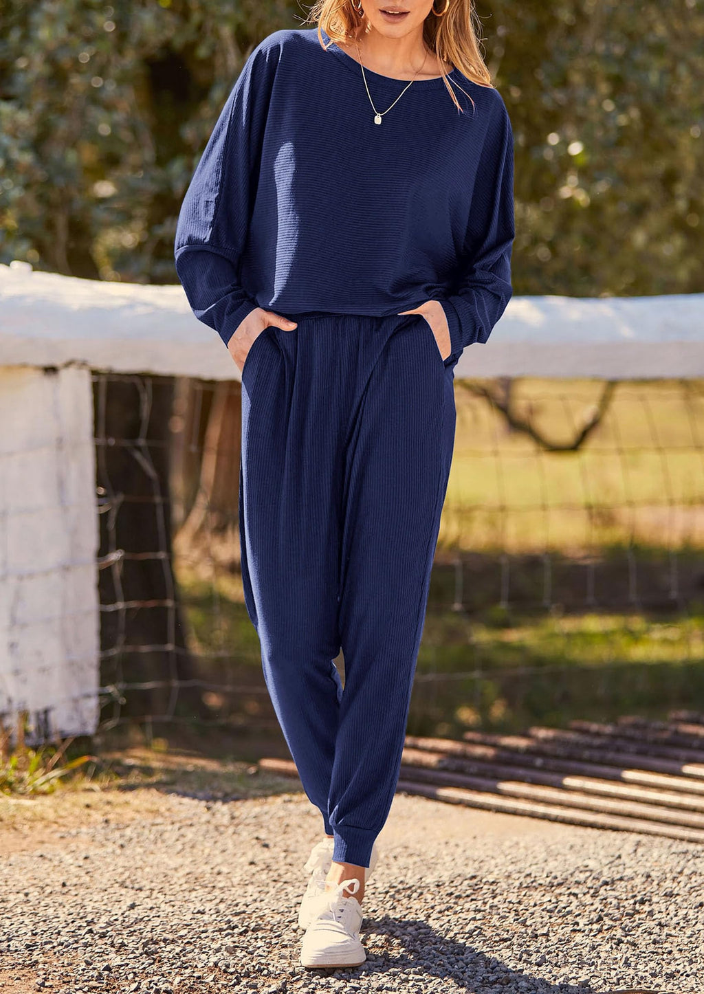 Women's Fall 2 Piece Lounge Set Long Sleeve Tops Ribbed Pants Spring Matching Sweatsuit Travel Outfits Clothes