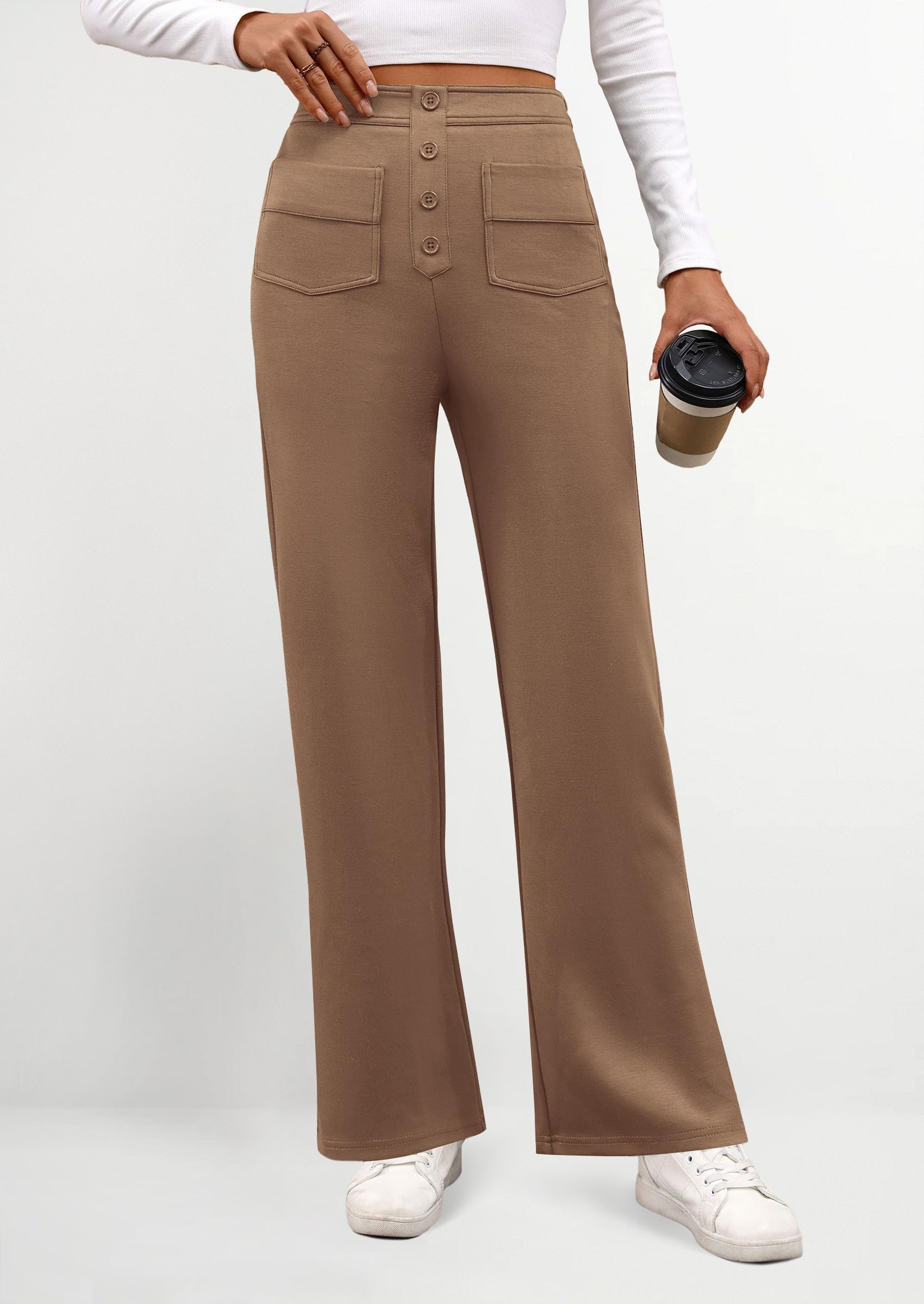 Women's Dressy Casual Dress Pants Straight Leg High Elastic Waisted Stretch Trouser Slacks