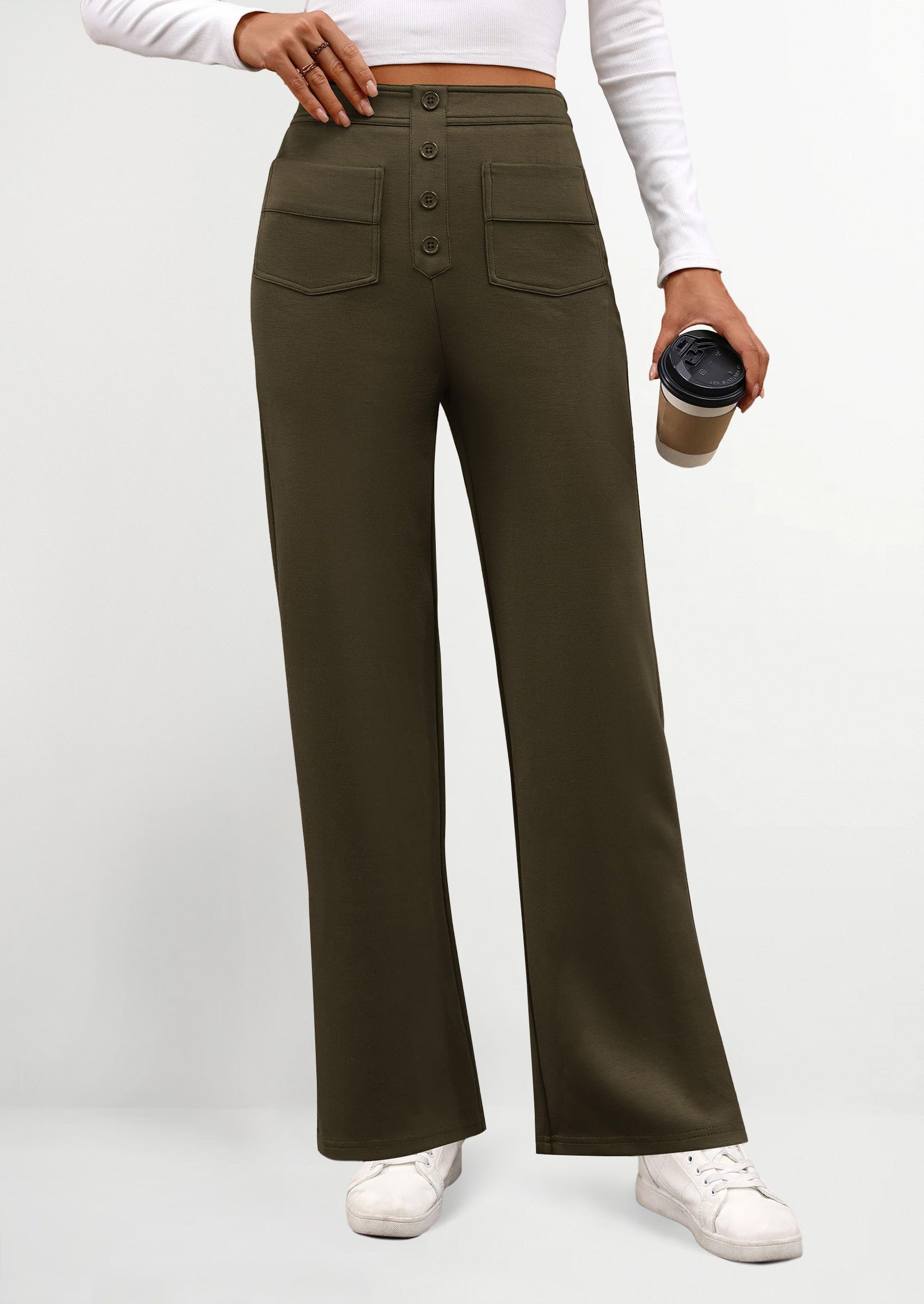 Women's Dressy Casual Dress Pants Straight Leg High Elastic Waisted Stretch Trouser Slacks