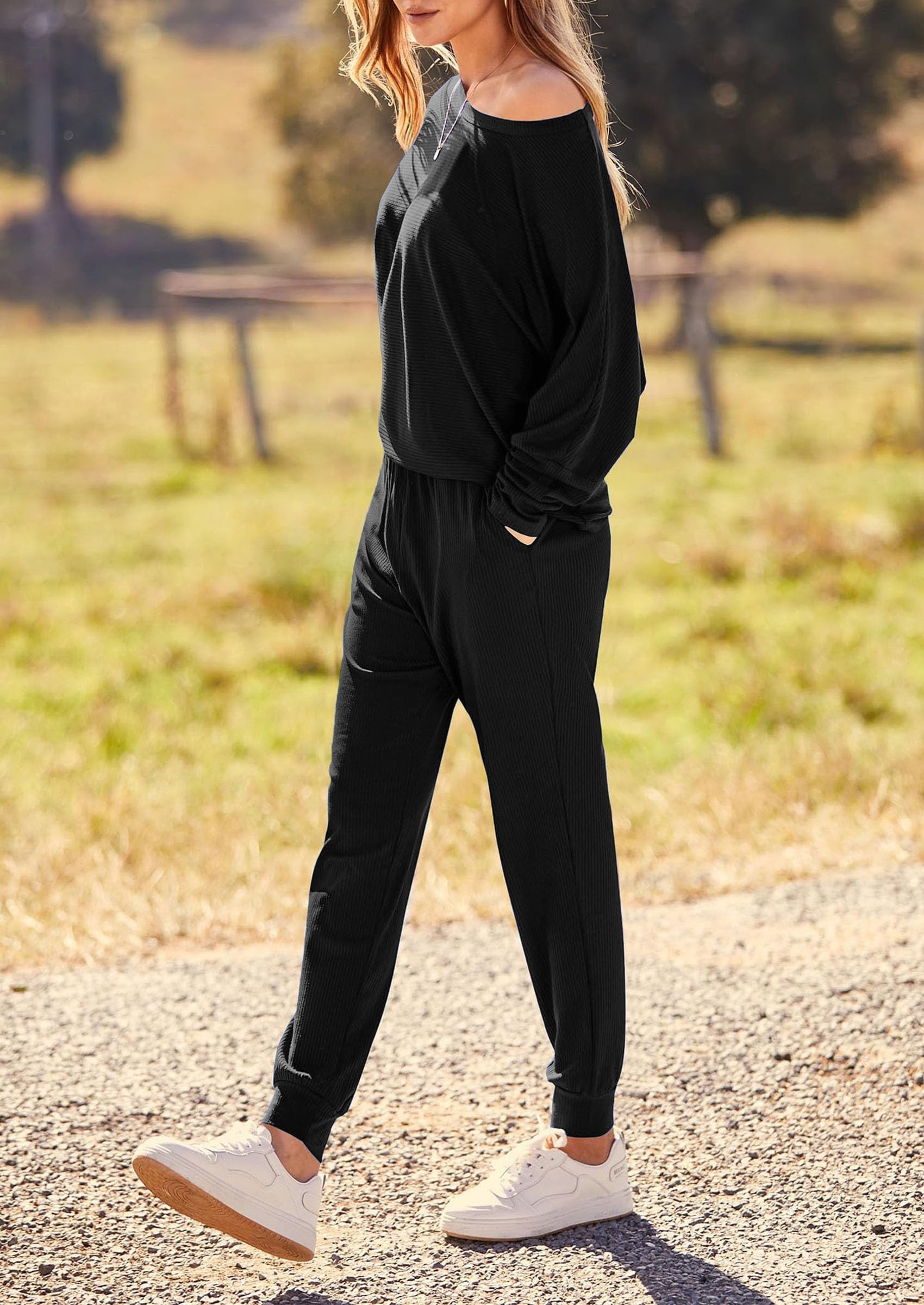 Women's Fall 2 Piece Lounge Set Long Sleeve Tops Ribbed Pants Spring Matching Sweatsuit Travel Outfits Clothes
