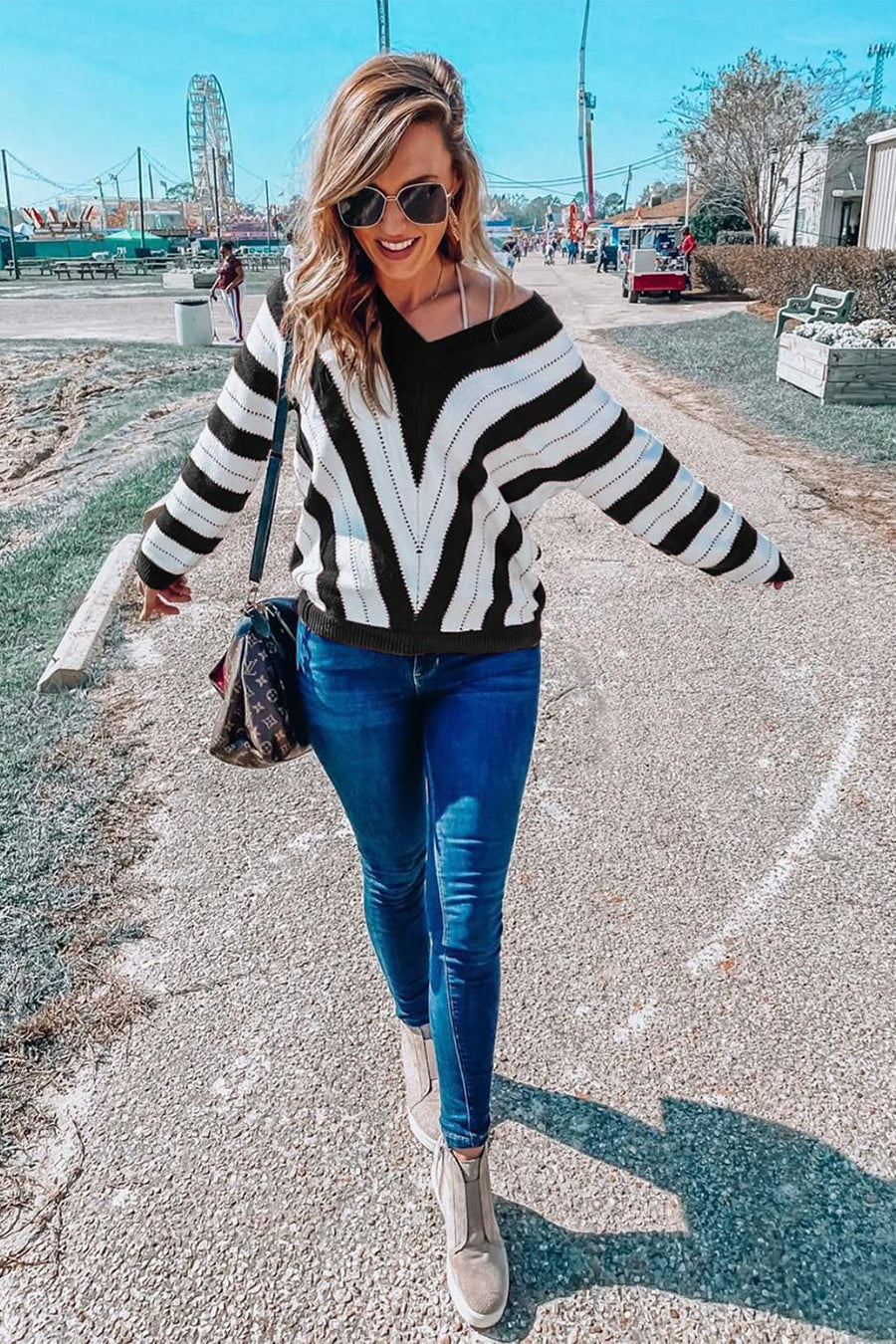 Women's Fashion Long Sleeve Striped Color Block Knitted Sweater Crew Neck Loose Pullover Jumper Tops