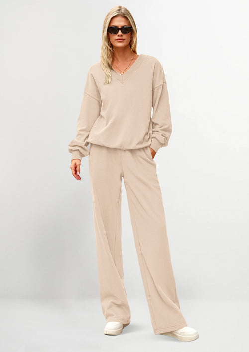Casual Winter Two Piece Sets for Women V Neck Sweatshirt Loose Wide Leg Pants Tracksuit Knit Fall Outfits
