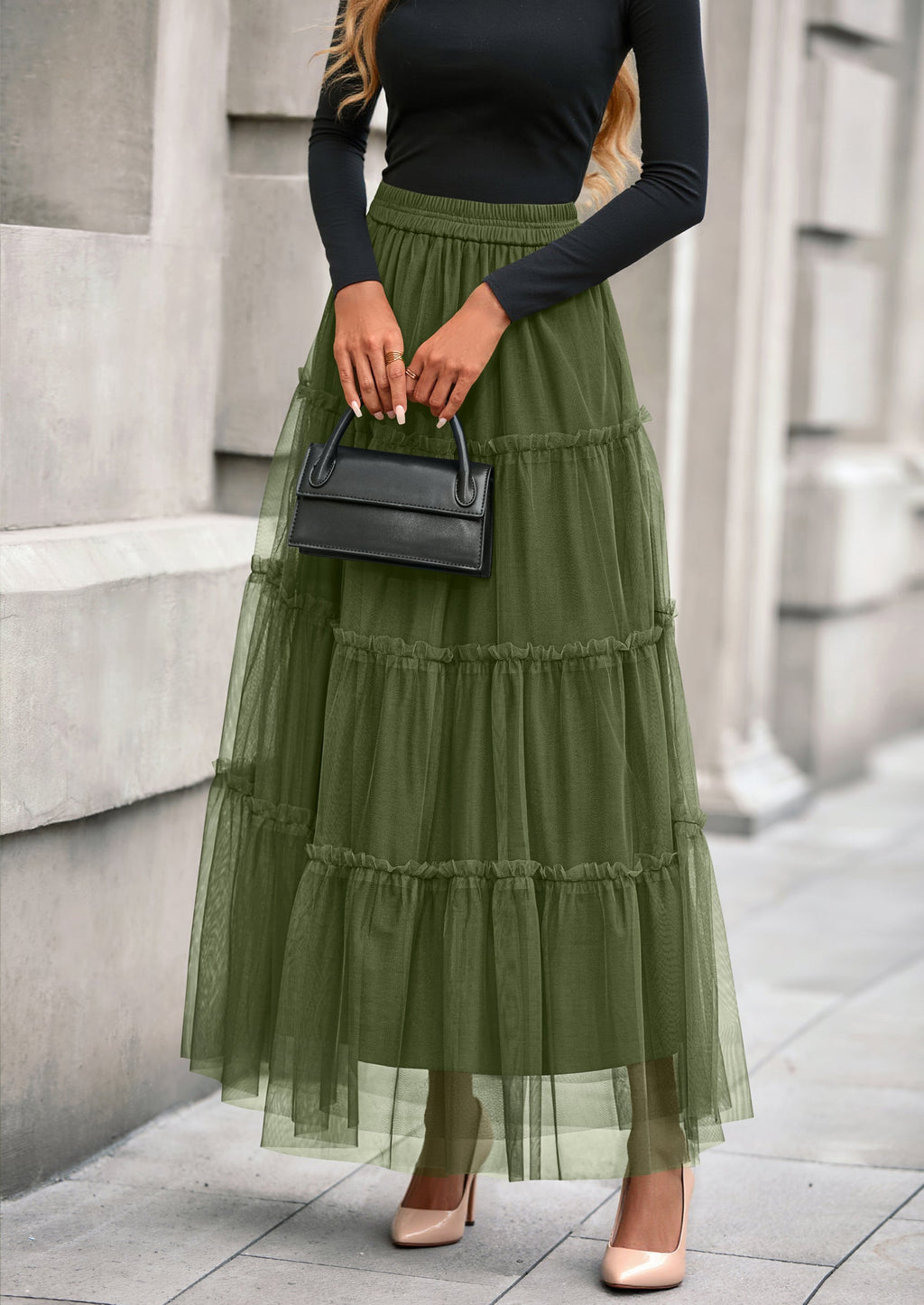 Maxi Skirts for Women Fall Tulle High Waisted Ruffle Flowy A-Line Long Skirt Country Concert Outfits