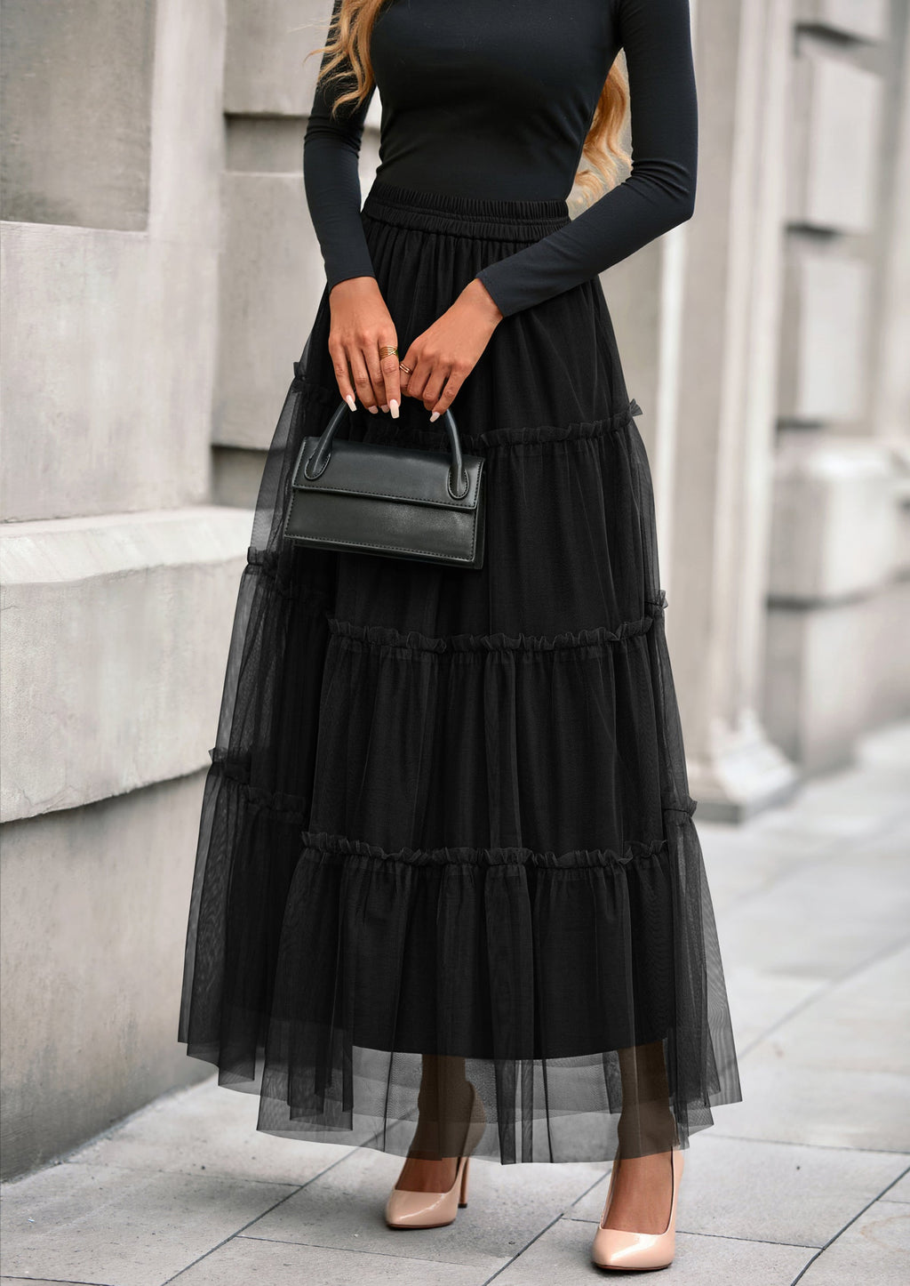 Maxi Skirts for Women Fall Tulle High Waisted Ruffle Flowy A-Line Long Skirt Country Concert Outfits