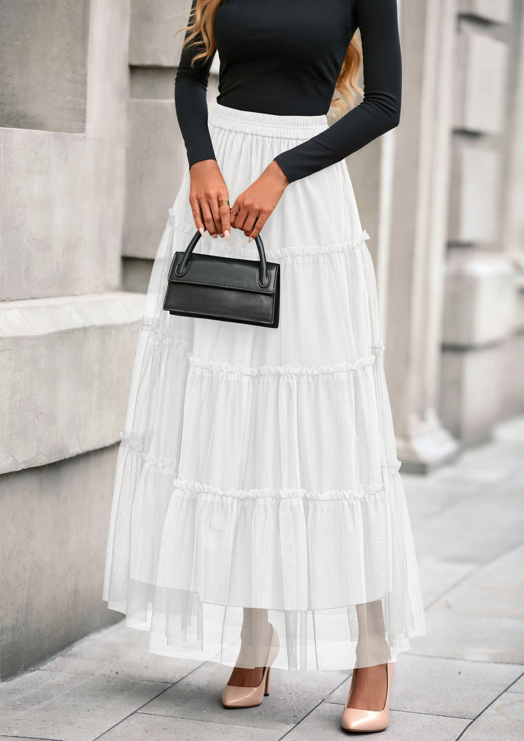 Maxi Skirts for Women Fall Tulle High Waisted Ruffle Flowy A-Line Long Skirt Country Concert Outfits
