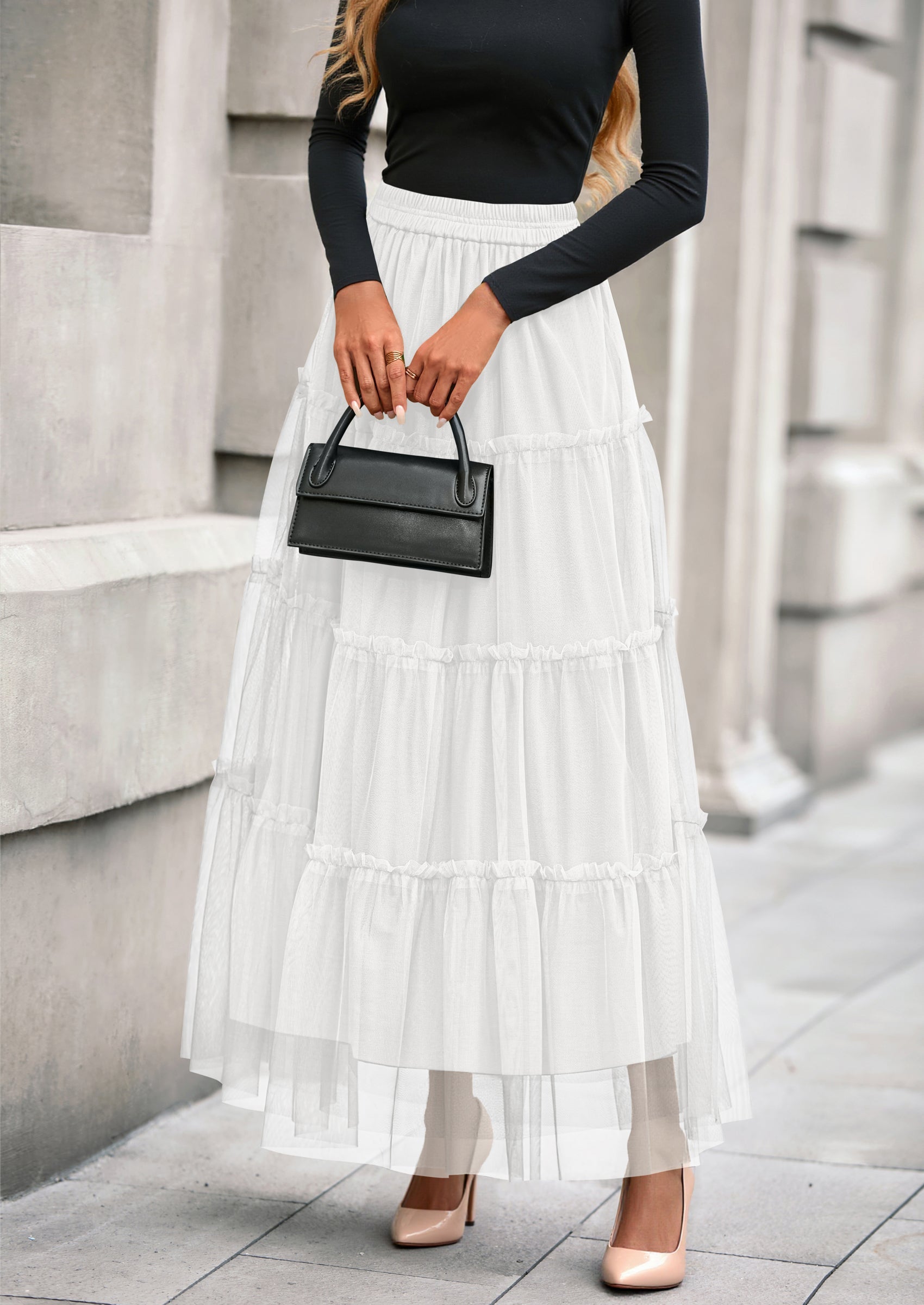 Maxi Skirts for Women Fall Tulle High Waisted Ruffle Flowy A-Line Long Skirt Country Concert Outfits