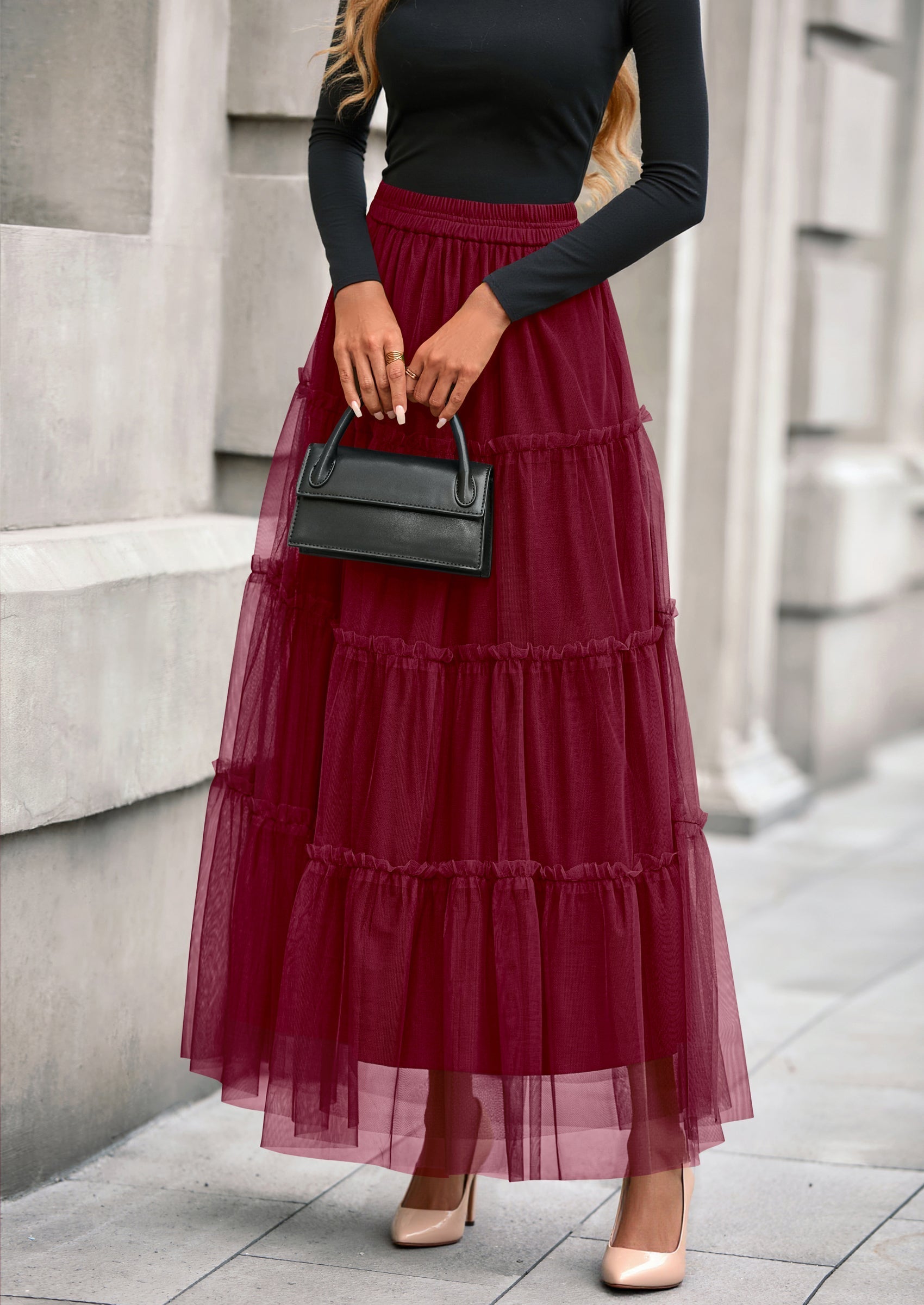 Maxi Skirts for Women Fall Tulle High Waisted Ruffle Flowy A-Line Long Skirt Country Concert Outfits