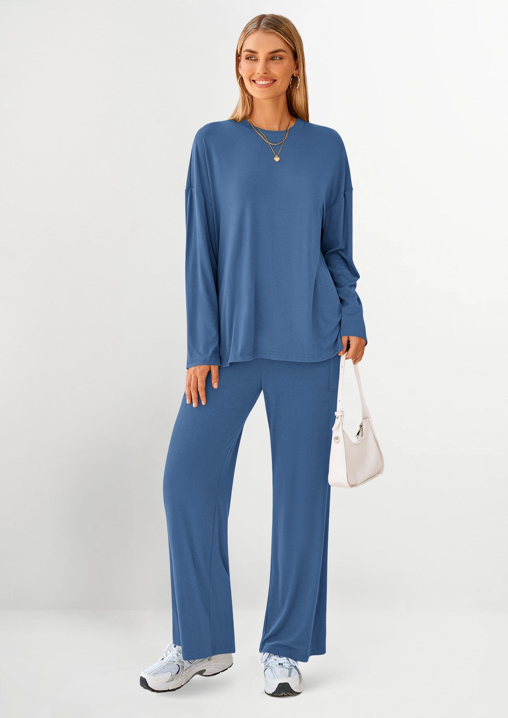 Women's Two Piece Lounge Sets Matching Long Sleeve Shirts Wide Leg Pants Tracksuits Travel Outfits Fall Clothes