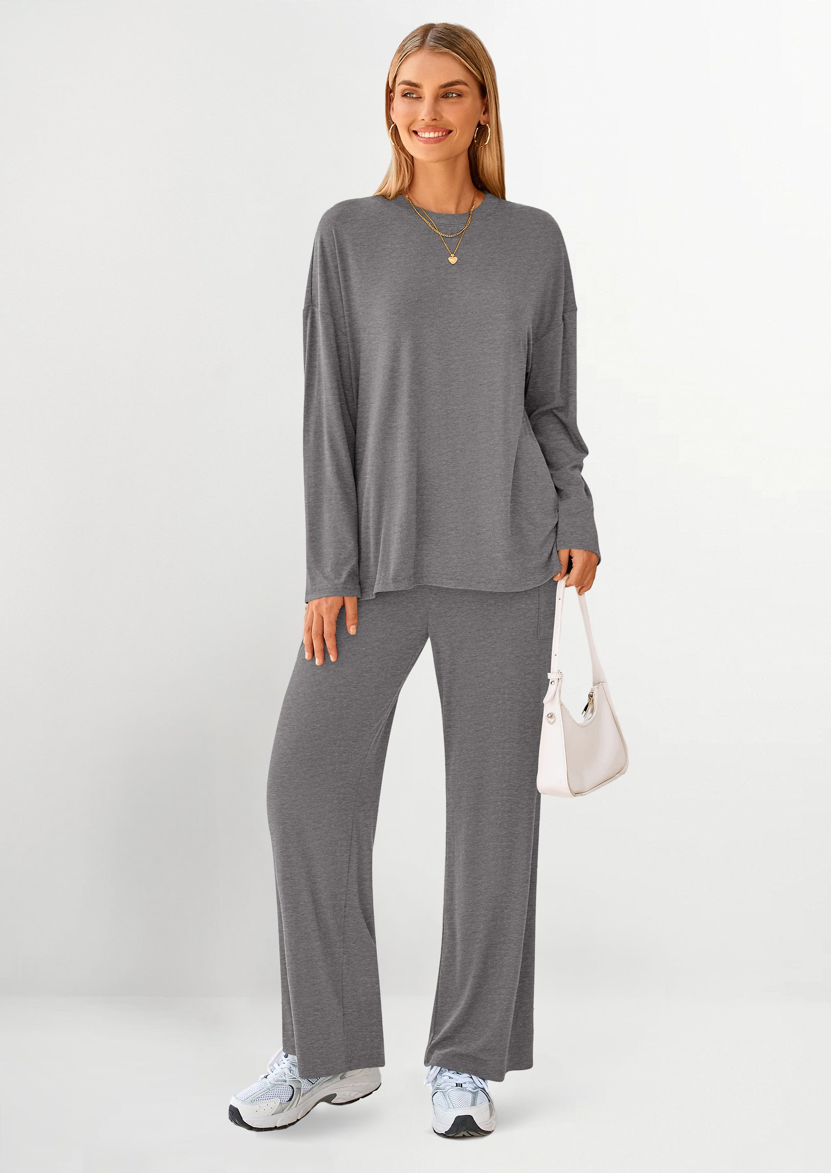 Women's Two Piece Lounge Sets Matching Long Sleeve Shirts Wide Leg Pants Tracksuits Travel Outfits Fall Clothes