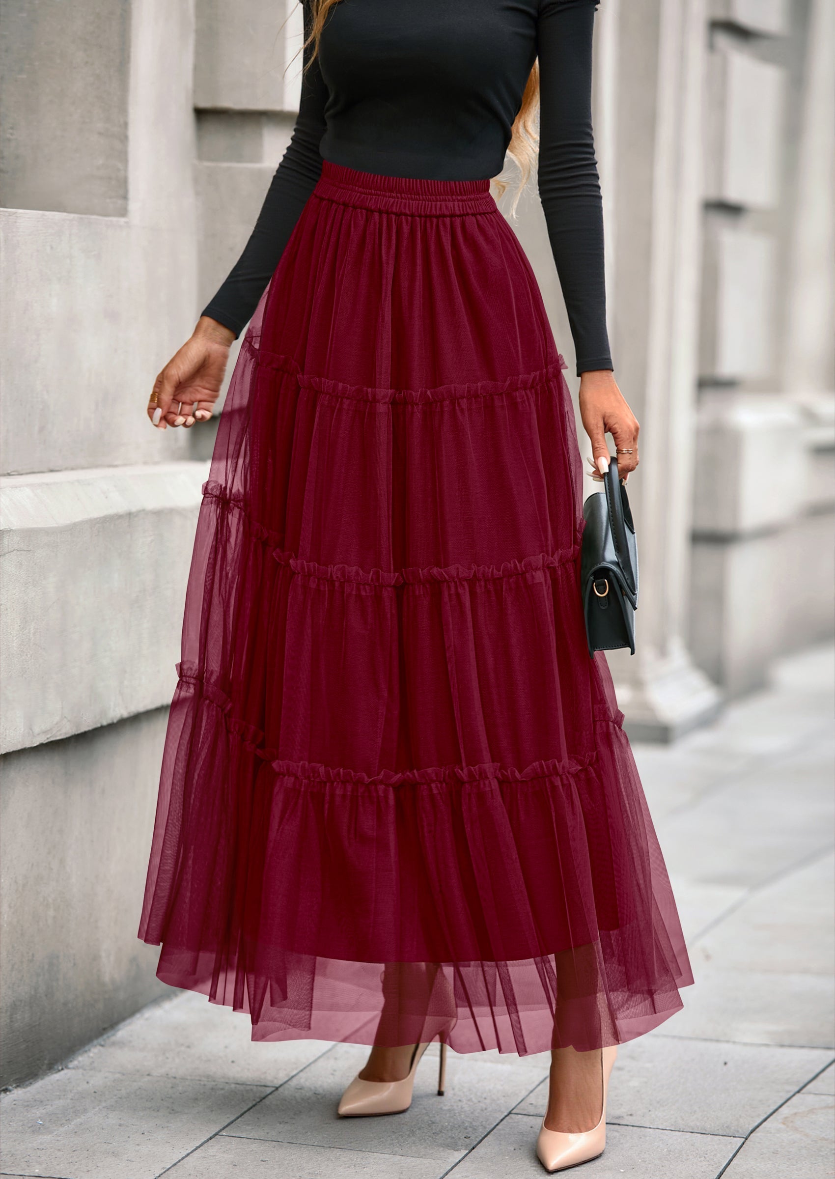 Maxi Skirts for Women Fall Tulle High Waisted Ruffle Flowy A-Line Long Skirt Country Concert Outfits