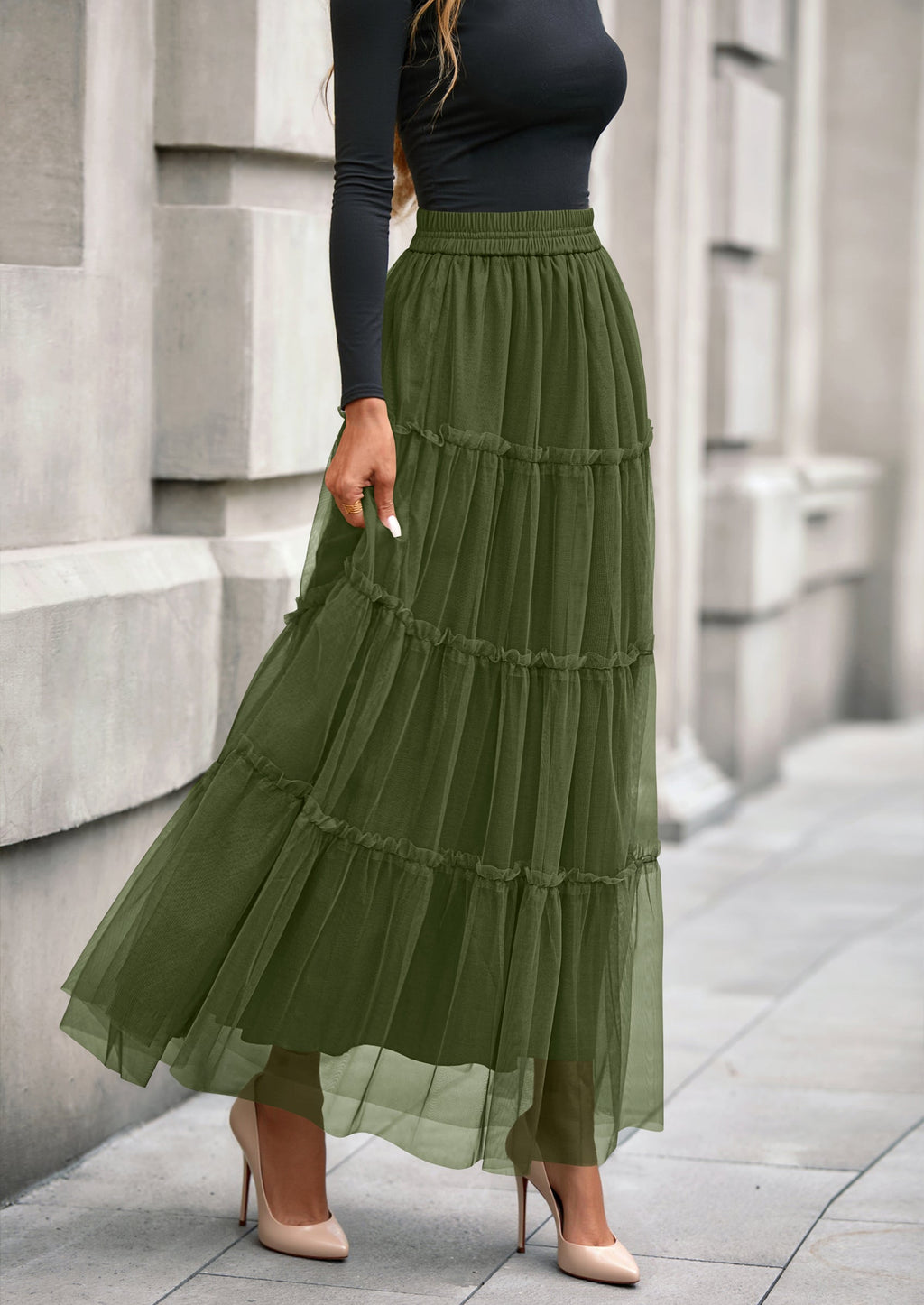 Maxi Skirts for Women Fall Tulle High Waisted Ruffle Flowy A-Line Long Skirt Country Concert Outfits