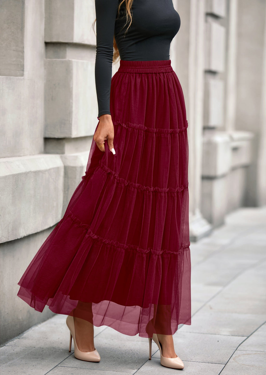 Maxi Skirts for Women Fall Tulle High Waisted Ruffle Flowy A-Line Long Skirt Country Concert Outfits