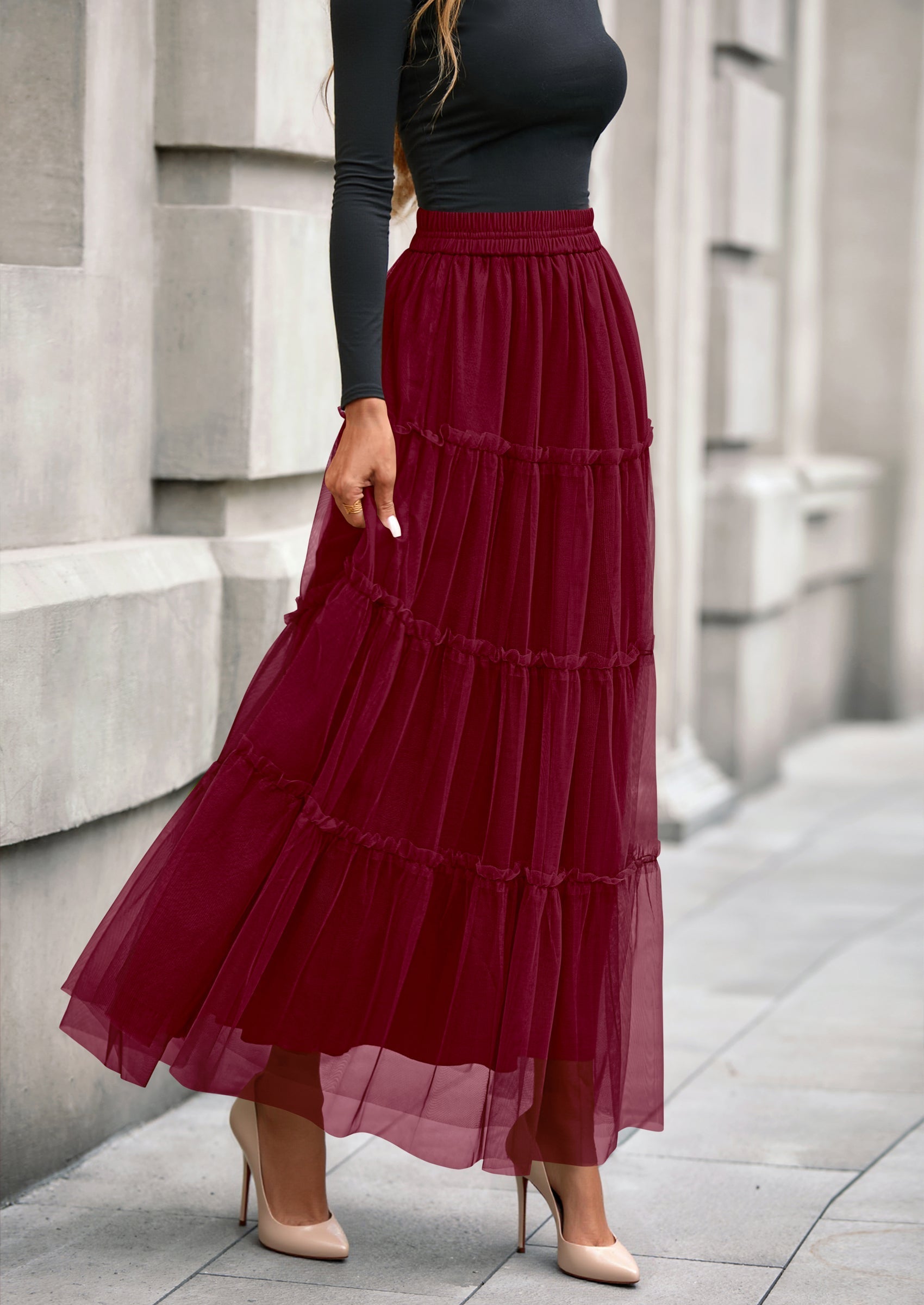 Maxi Skirts for Women Fall Tulle High Waisted Ruffle Flowy A-Line Long Skirt Country Concert Outfits