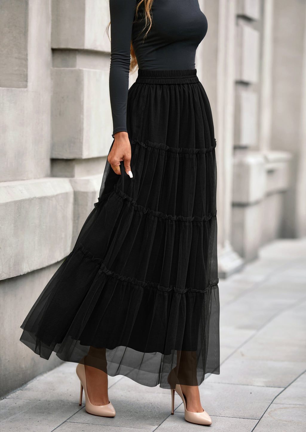 Maxi Skirts for Women Fall Tulle High Waisted Ruffle Flowy A-Line Long Skirt Country Concert Outfits