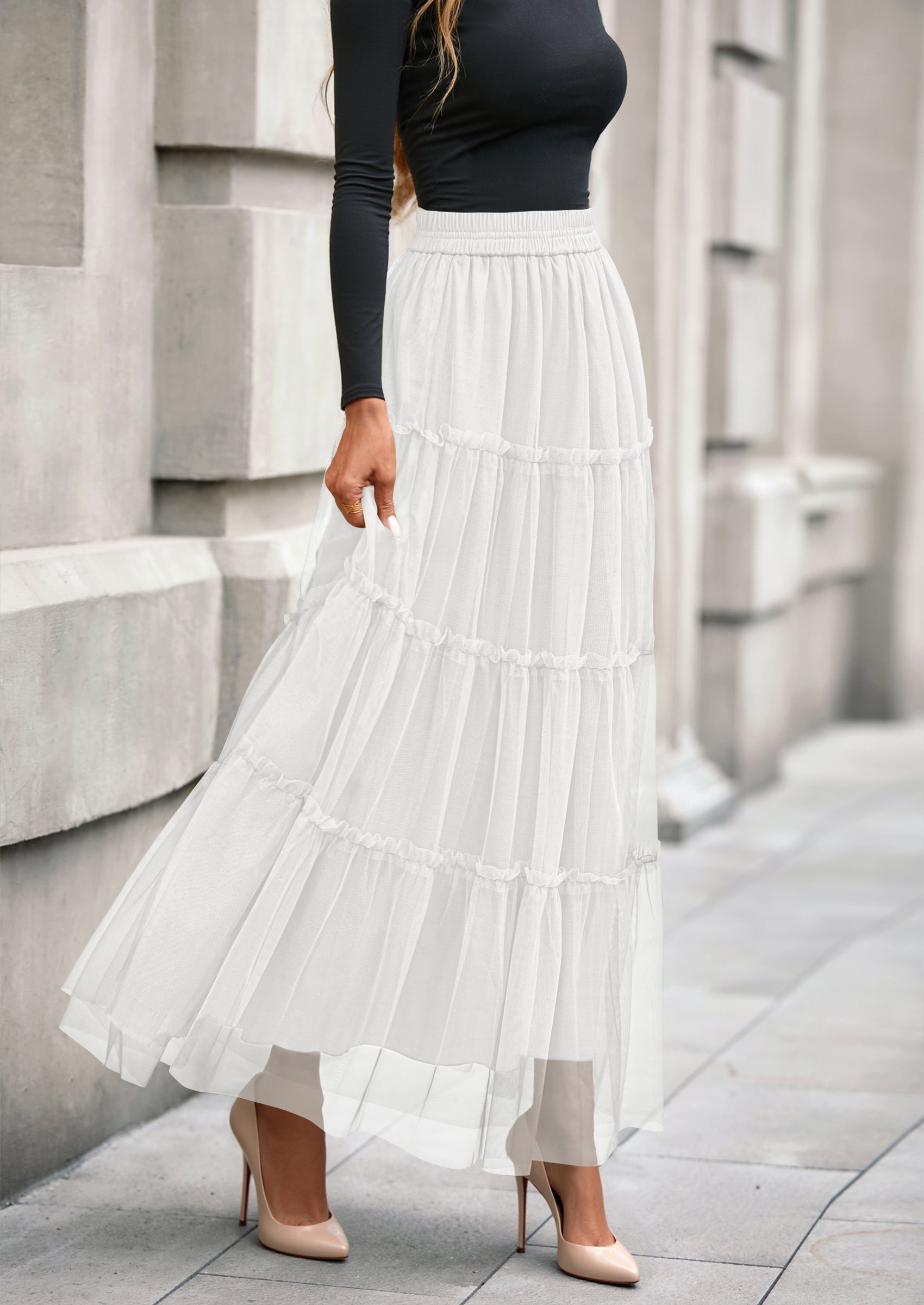 Maxi Skirts for Women Fall Tulle High Waisted Ruffle Flowy A-Line Long Skirt Country Concert Outfits