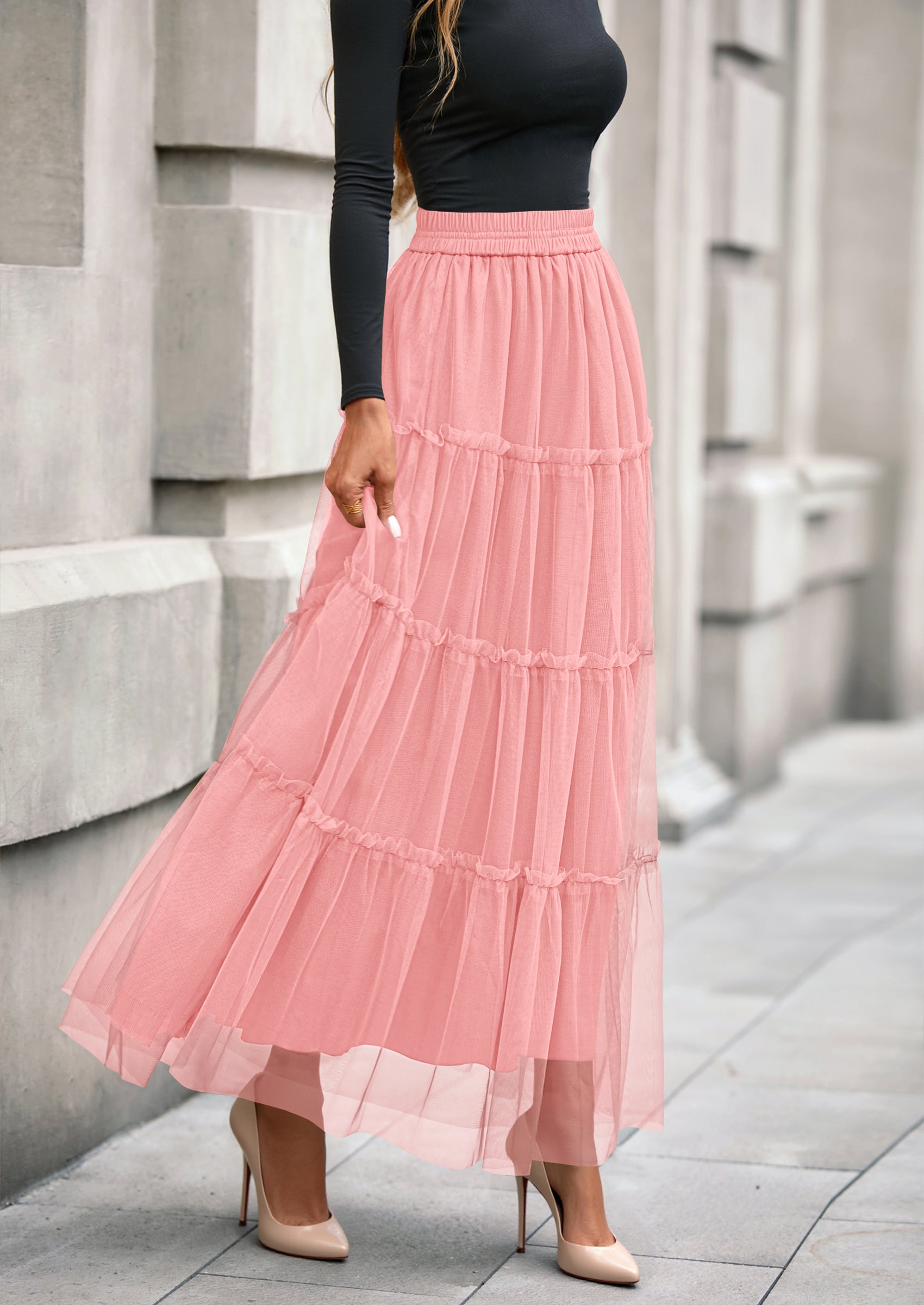 Maxi Skirts for Women Fall Tulle High Waisted Ruffle Flowy A-Line Long Skirt Country Concert Outfits