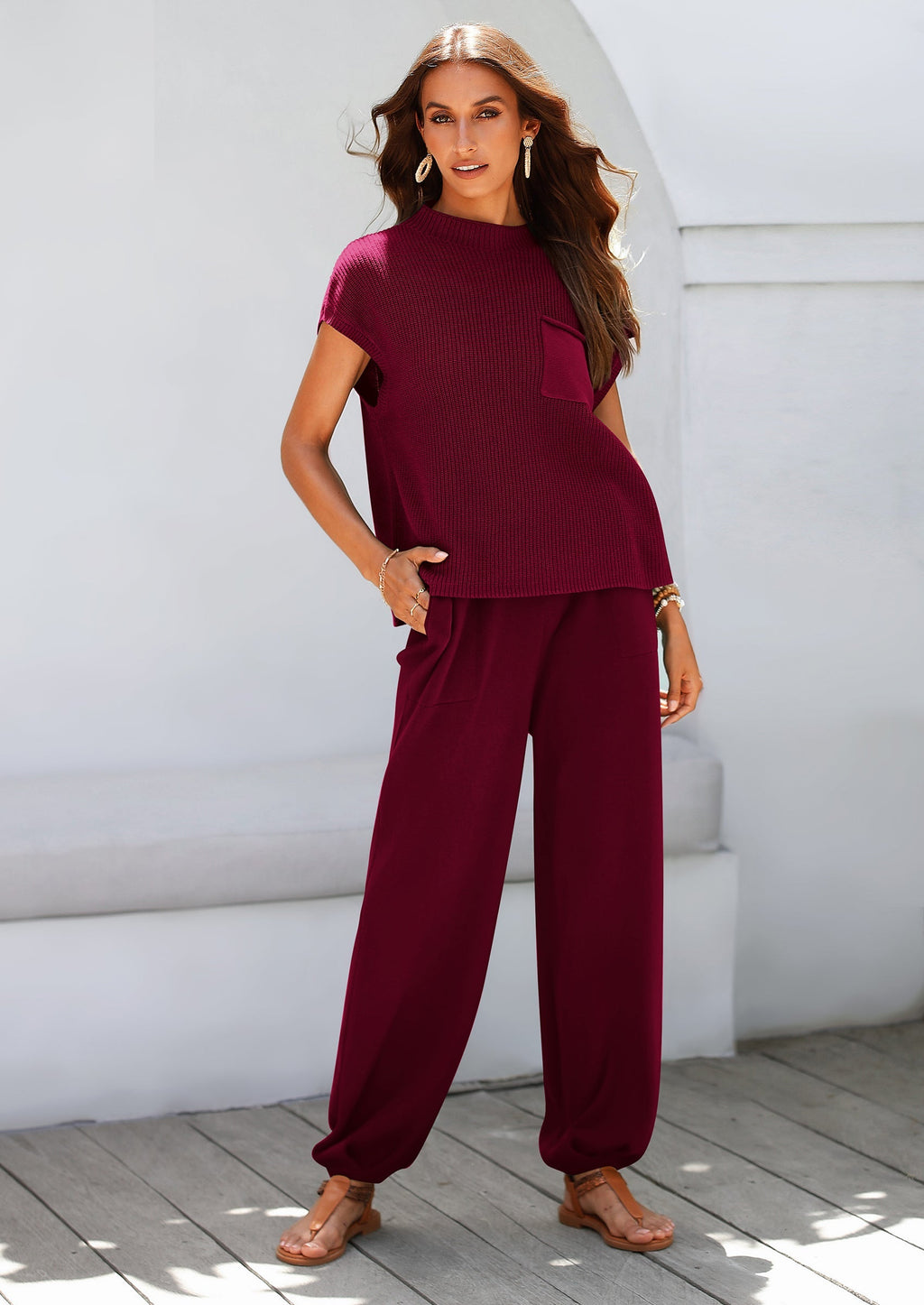 Womens Two Piece Outfits Sweater Sets Knit Pullover Tops And High Waisted Pants Matching Tracksuit Sweatsuit Set