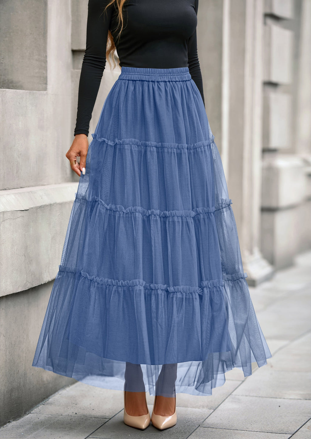 Maxi Skirts for Women Fall Tulle High Waisted Ruffle Flowy A-Line Long Skirt Country Concert Outfits