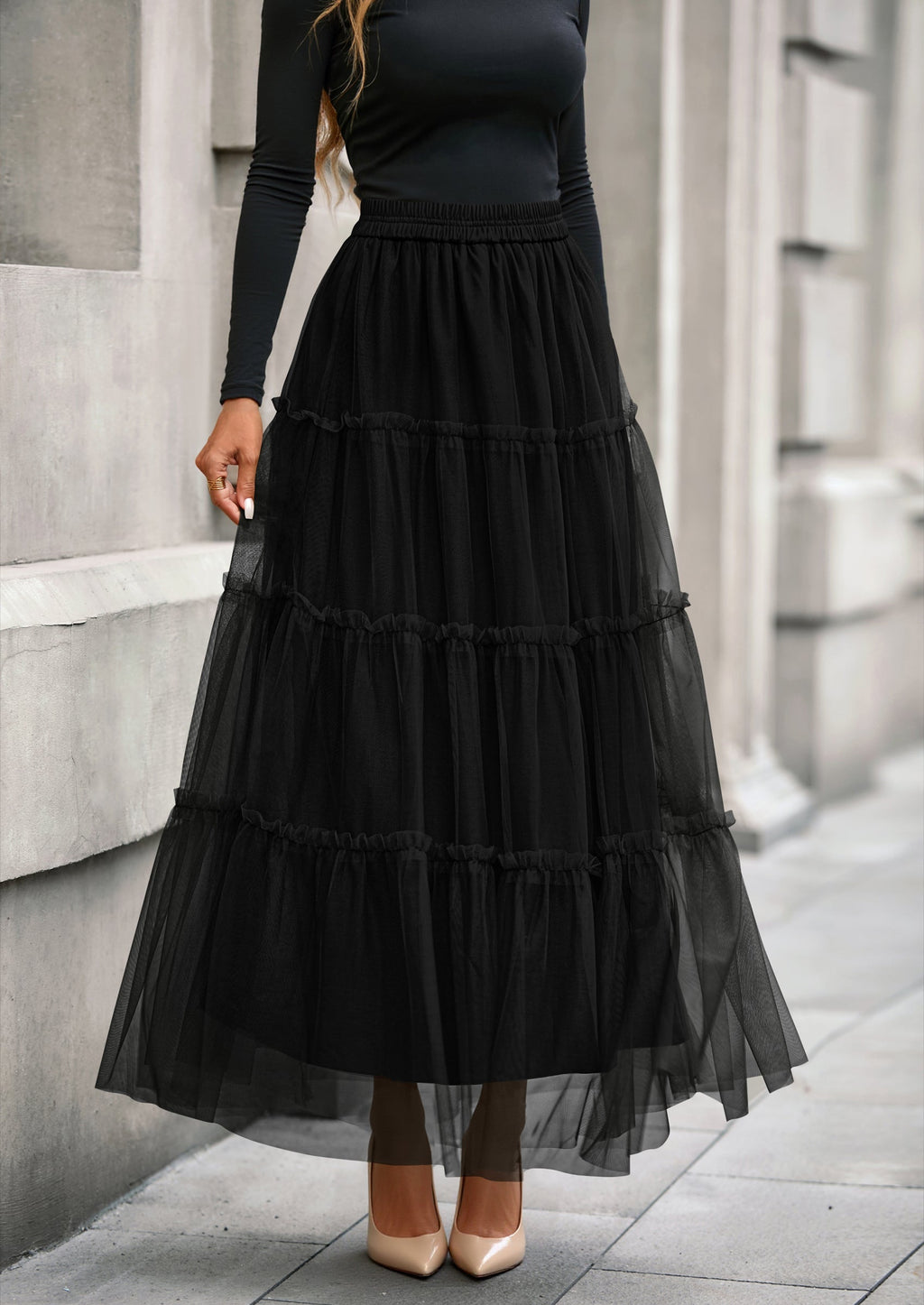 Maxi Skirts for Women Fall Tulle High Waisted Ruffle Flowy A-Line Long Skirt Country Concert Outfits
