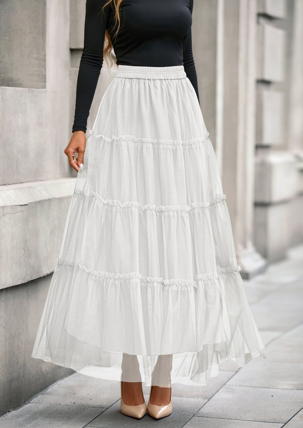 Maxi Skirts for Women Fall Tulle High Waisted Ruffle Flowy A-Line Long Skirt Country Concert Outfits