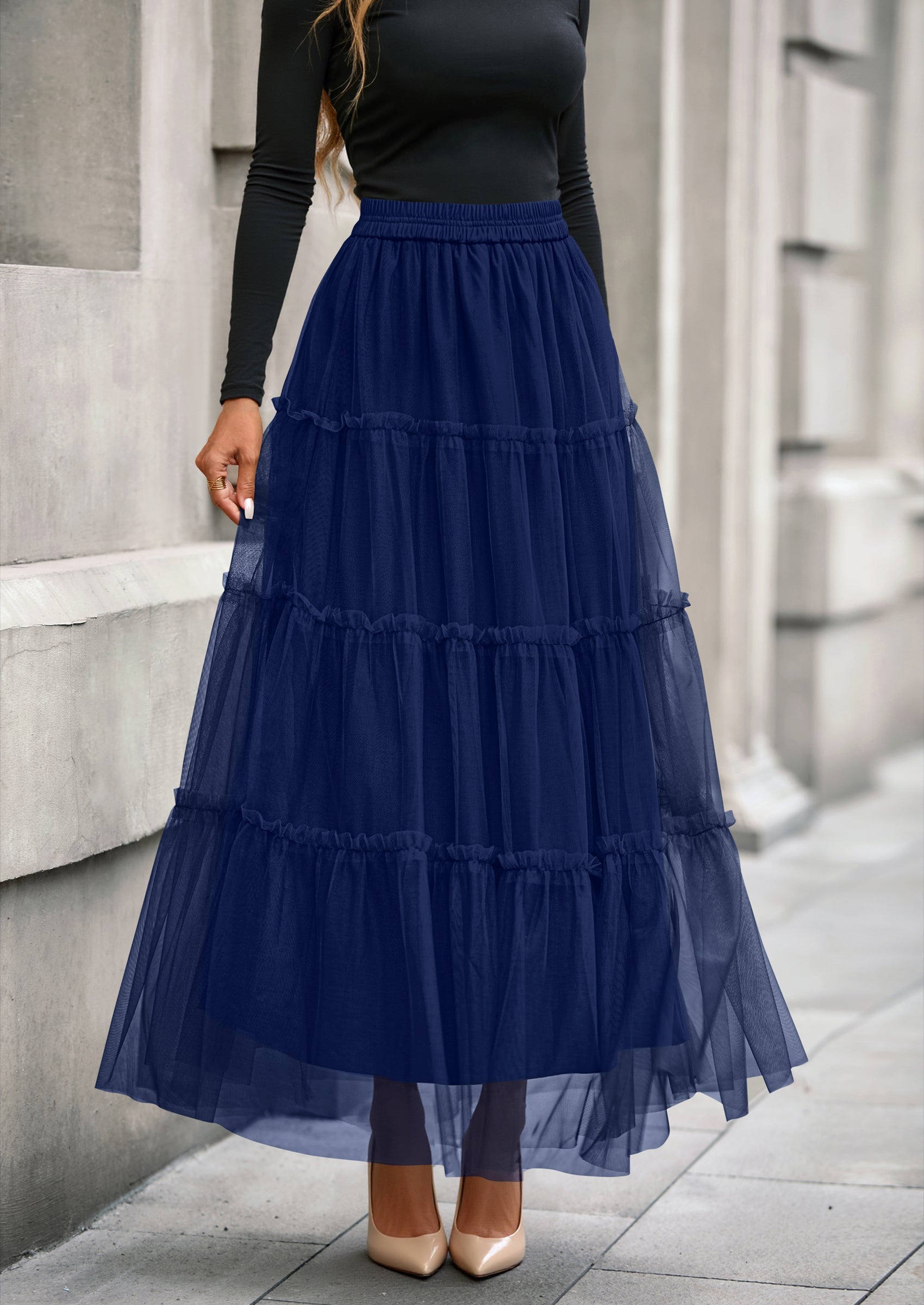 Maxi Skirts for Women Fall Tulle High Waisted Ruffle Flowy A-Line Long Skirt Country Concert Outfits