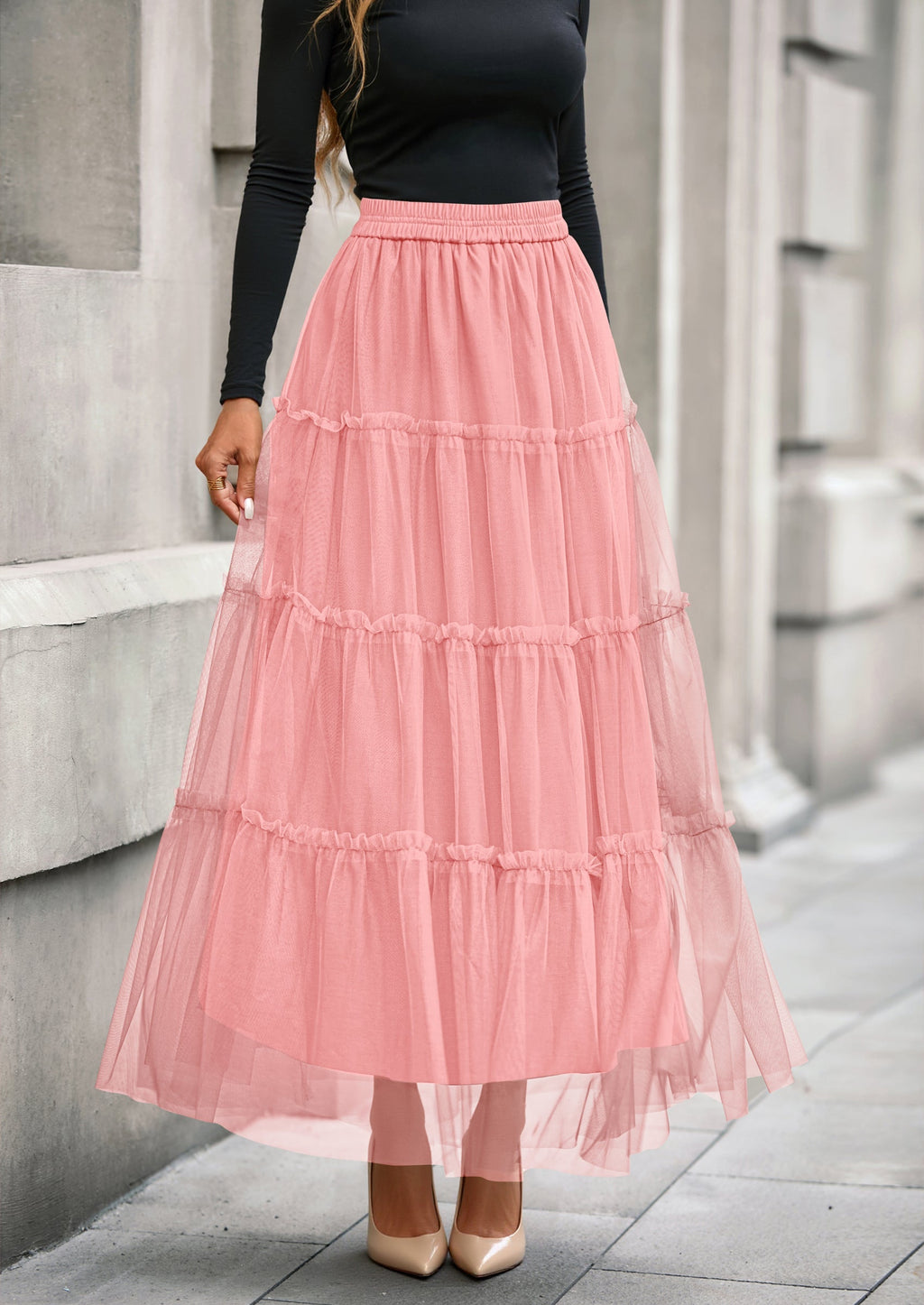Maxi Skirts for Women Fall Tulle High Waisted Ruffle Flowy A-Line Long Skirt Country Concert Outfits