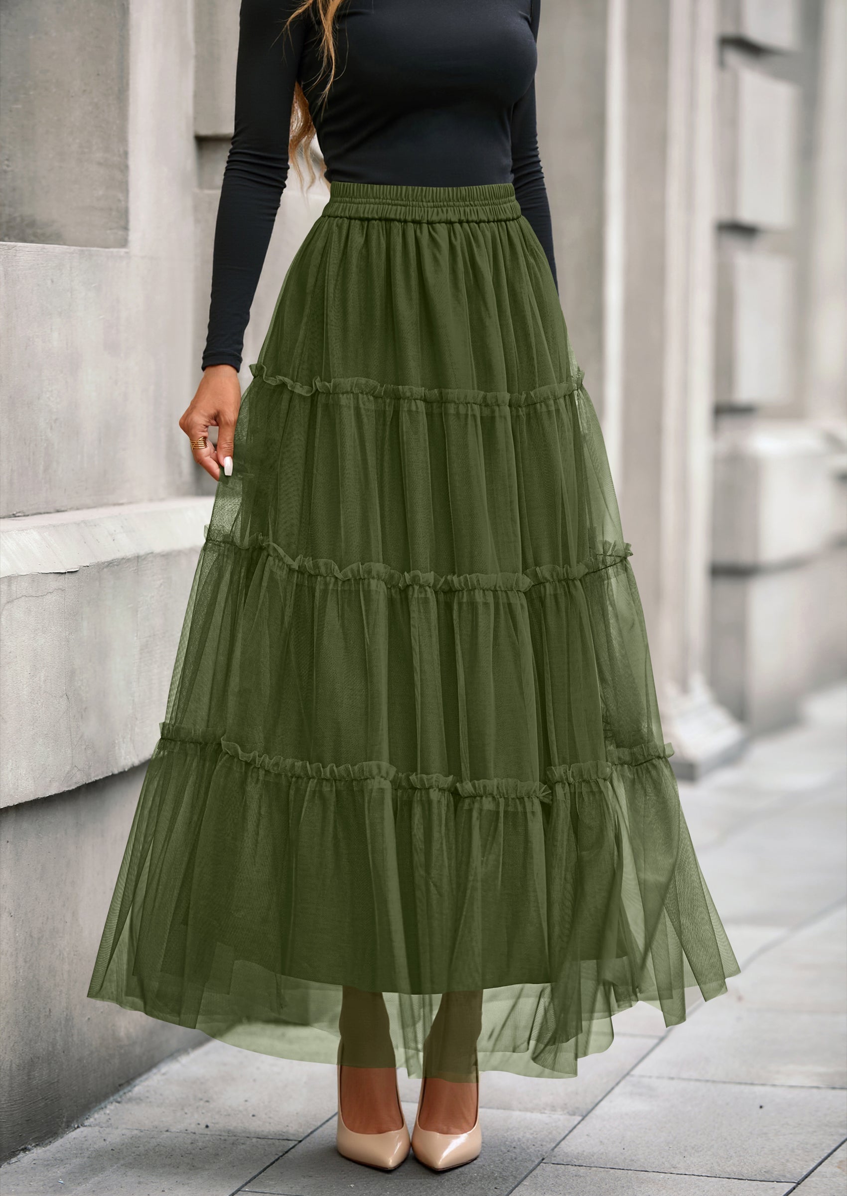 Maxi Skirts for Women Fall Tulle High Waisted Ruffle Flowy A-Line Long Skirt Country Concert Outfits
