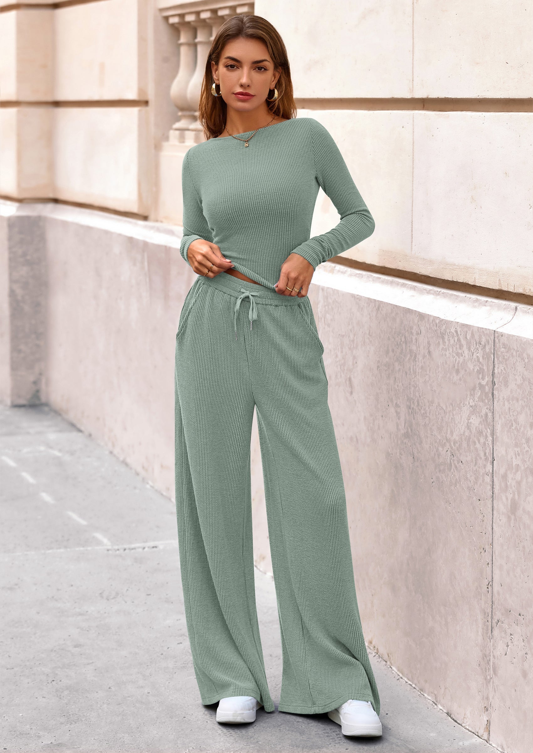 Women's 2 Piece Lounge Sets Fall Fashion Long Sleeve Crop Top Wide Leg Pants Matching Sets Clothing