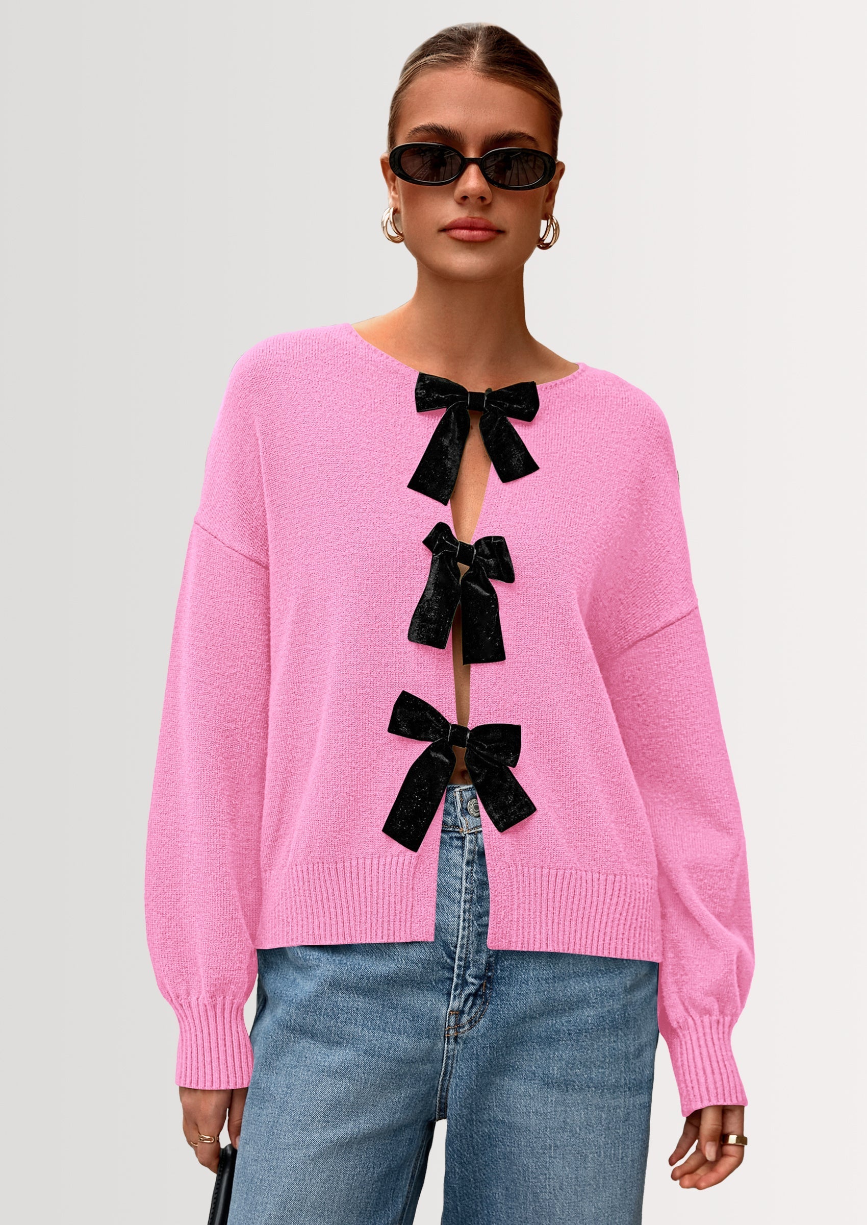 Cardigan Sweaters for Women Fall Bow Tie Front Long Sleeve Knit Sweater Tops Cute Going Out Outfits