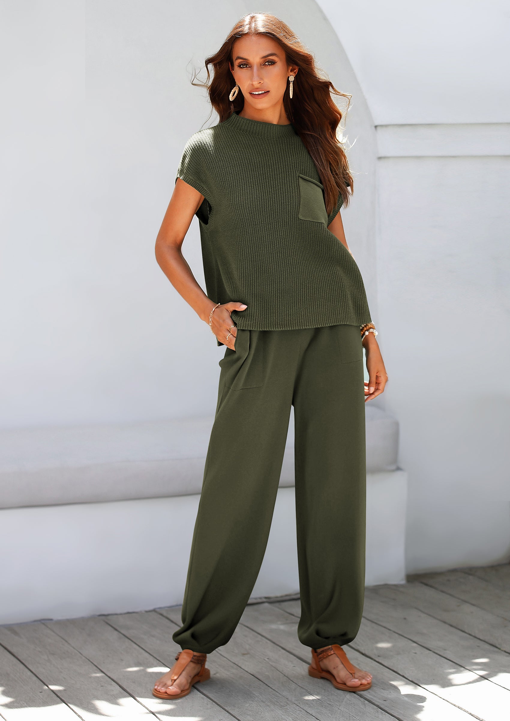 Womens Two Piece Outfits Sweater Sets Knit Pullover Tops And High Waisted Pants Matching Tracksuit Sweatsuit Set