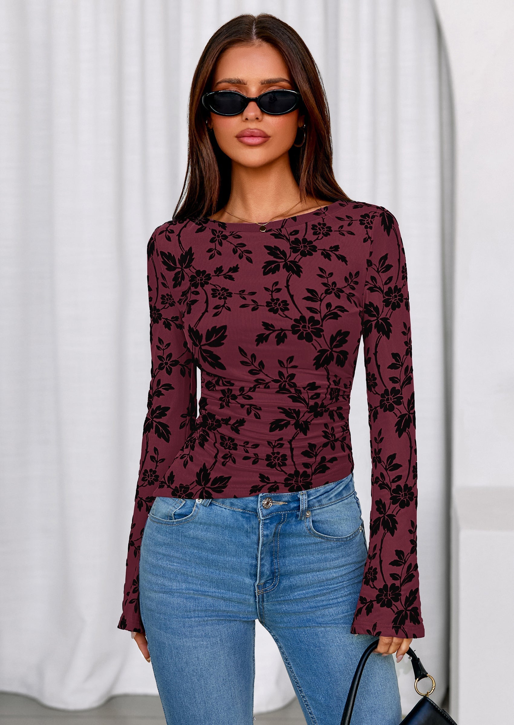 Women Long Sleeve Floral Mesh Tops Blouse  Fall Trendy Boat Neck Ruched Fitted Shirt Going Out Date Outfits