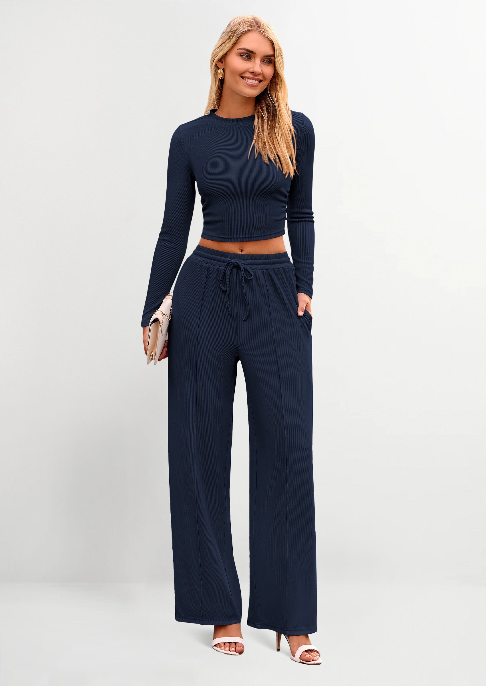 Women's 2 Piece Loungewear Long Sleeve Crop Top Wide Leg Palazzo Pants Set Tracksuits Casual Outfit