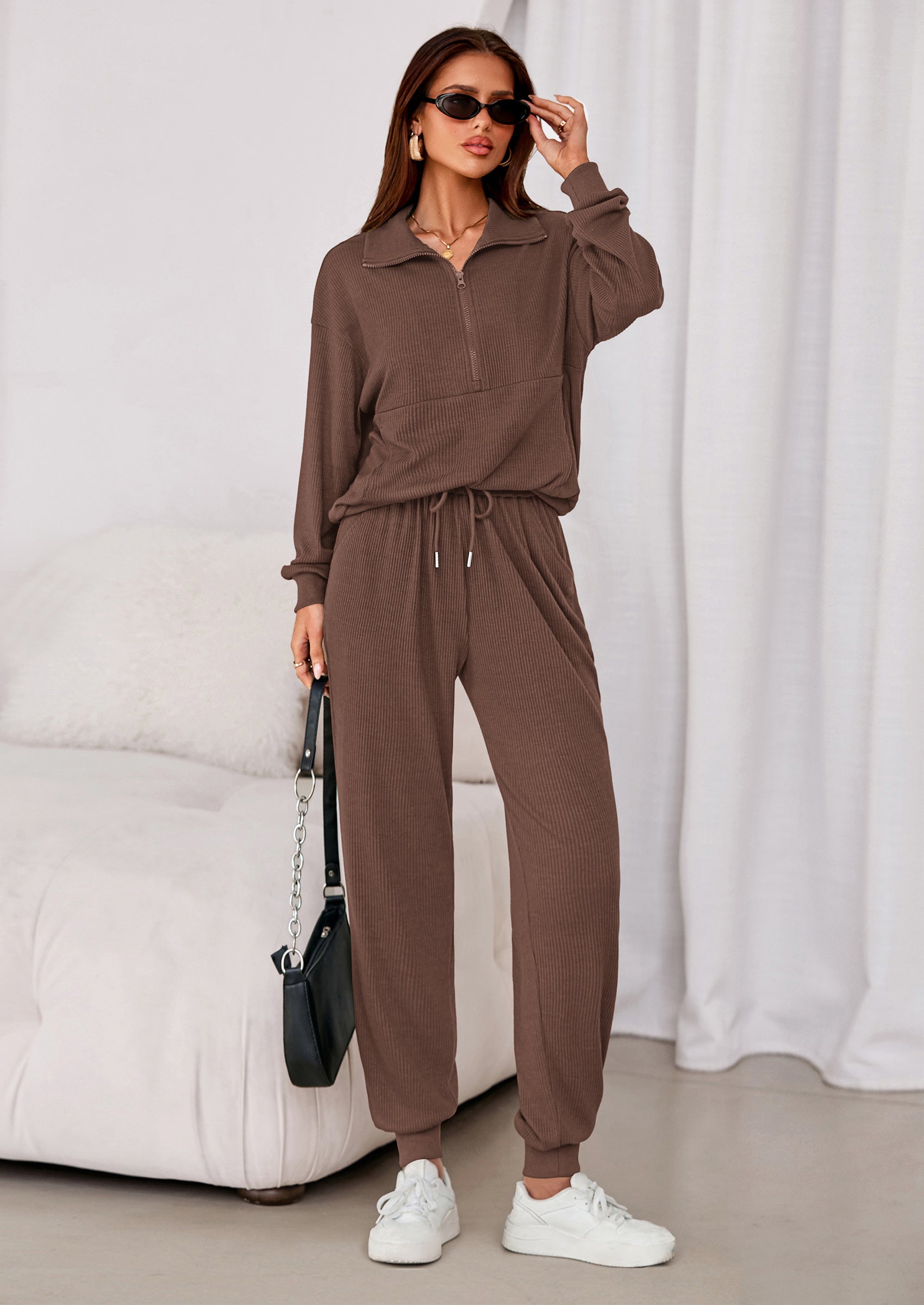 Women's Fall 2 Piece Lounge Sets Zip Up Sweatshirt Jogger Pants Sweat Track Suits Travel Outfit Winter Clothing