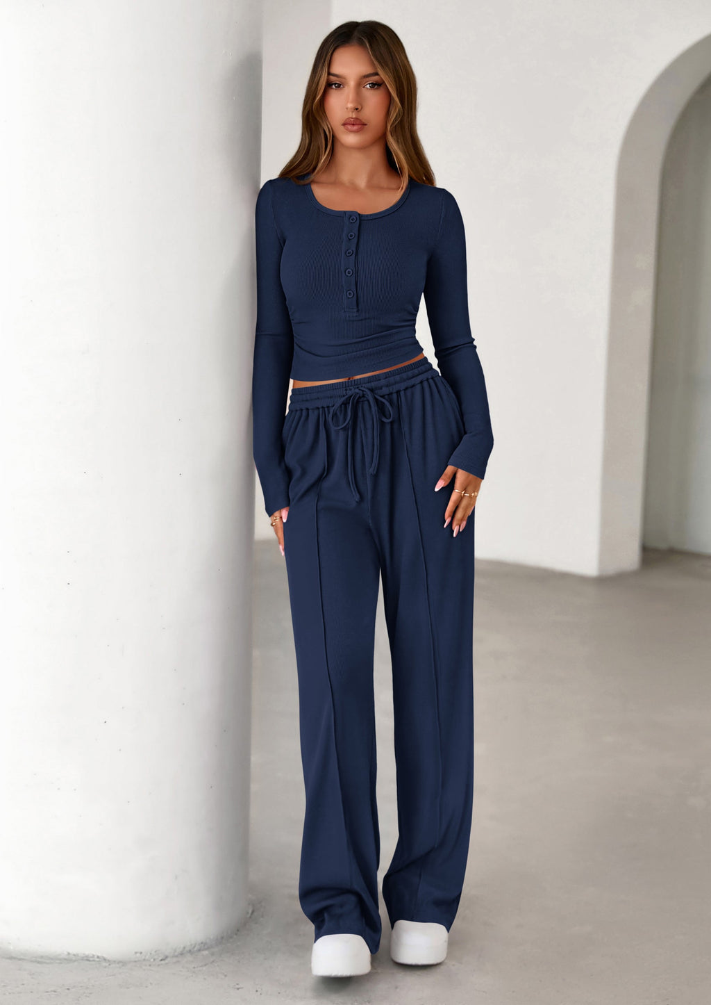 Women's Fall Trendy 2 Piece Outfits Lounge Sets Long Sleeve Top Henley Shirts Wide Leg Pants Travel Clothes