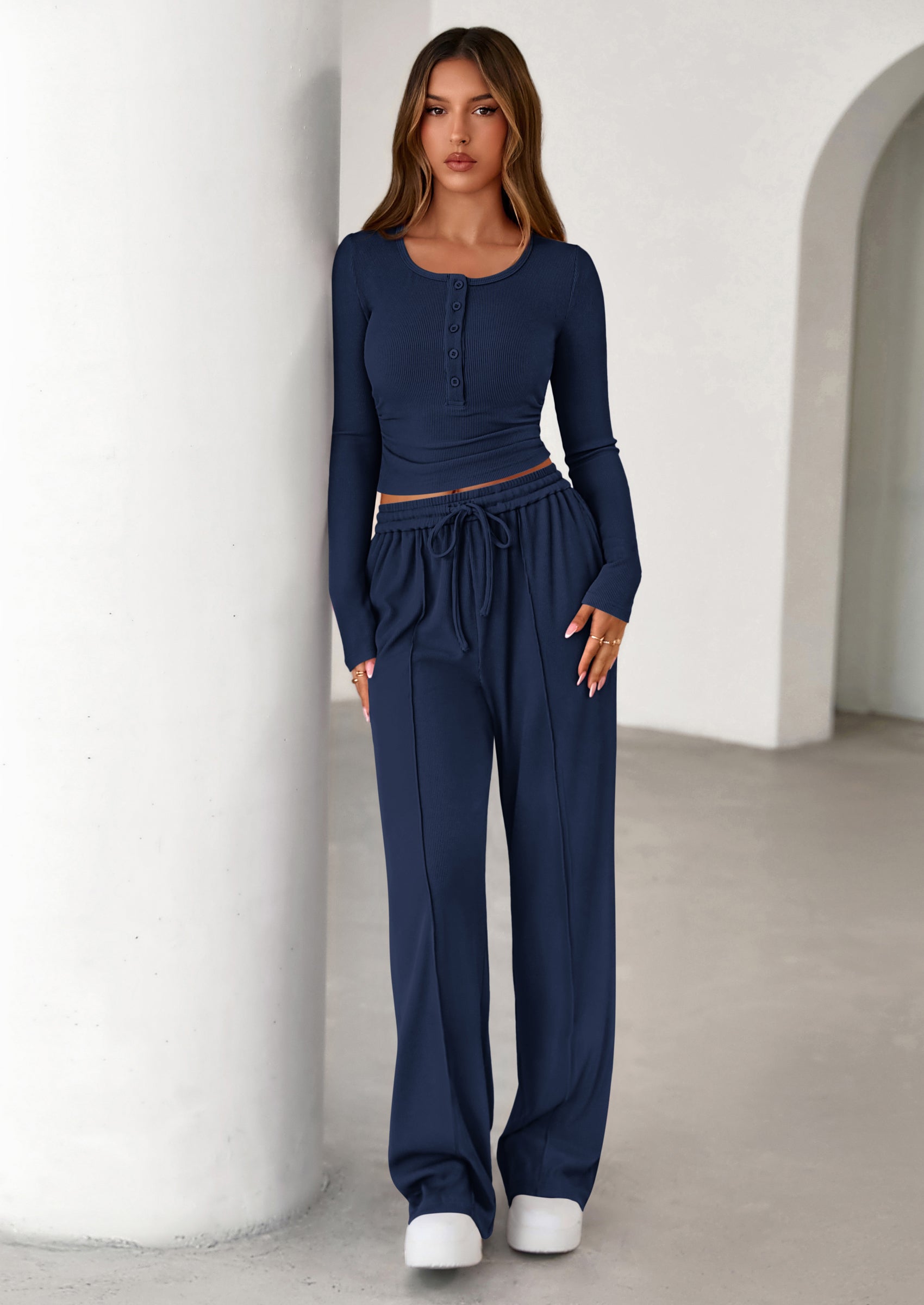Women's Fall Trendy 2 Piece Outfits Lounge Sets Long Sleeve Top Henley Shirts Wide Leg Pants Travel Clothes