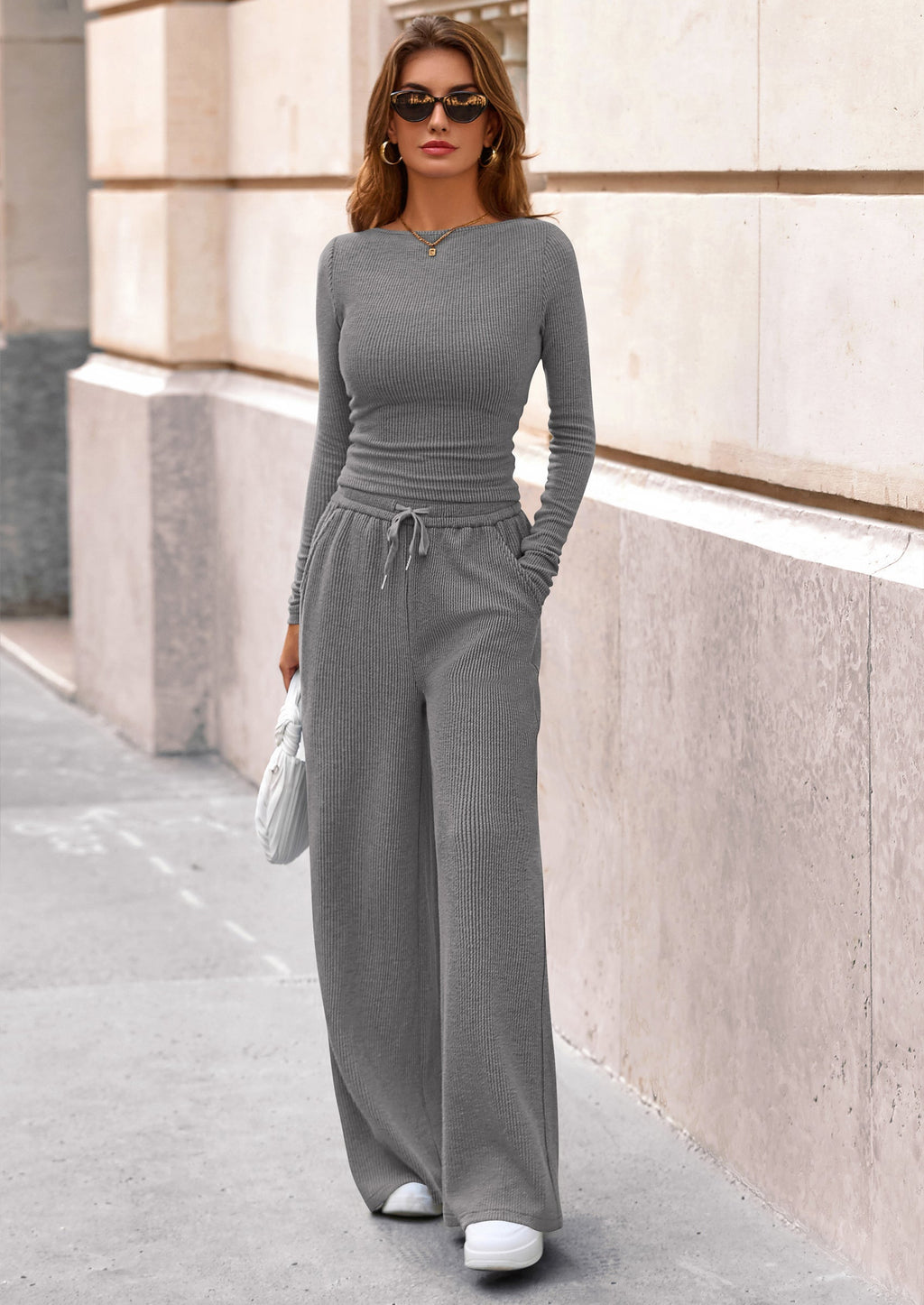 Women's 2 Piece Lounge Sets Fall Fashion Long Sleeve Crop Top Wide Leg Pants Matching Sets Clothing