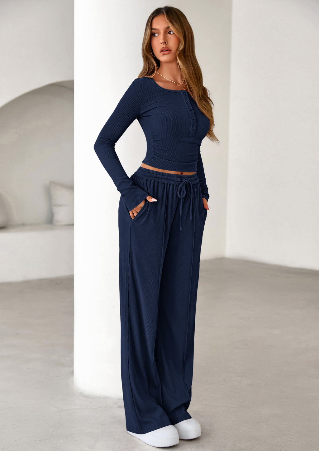 Women's Fall Trendy 2 Piece Outfits Lounge Sets Long Sleeve Top Henley Shirts Wide Leg Pants Travel Clothes