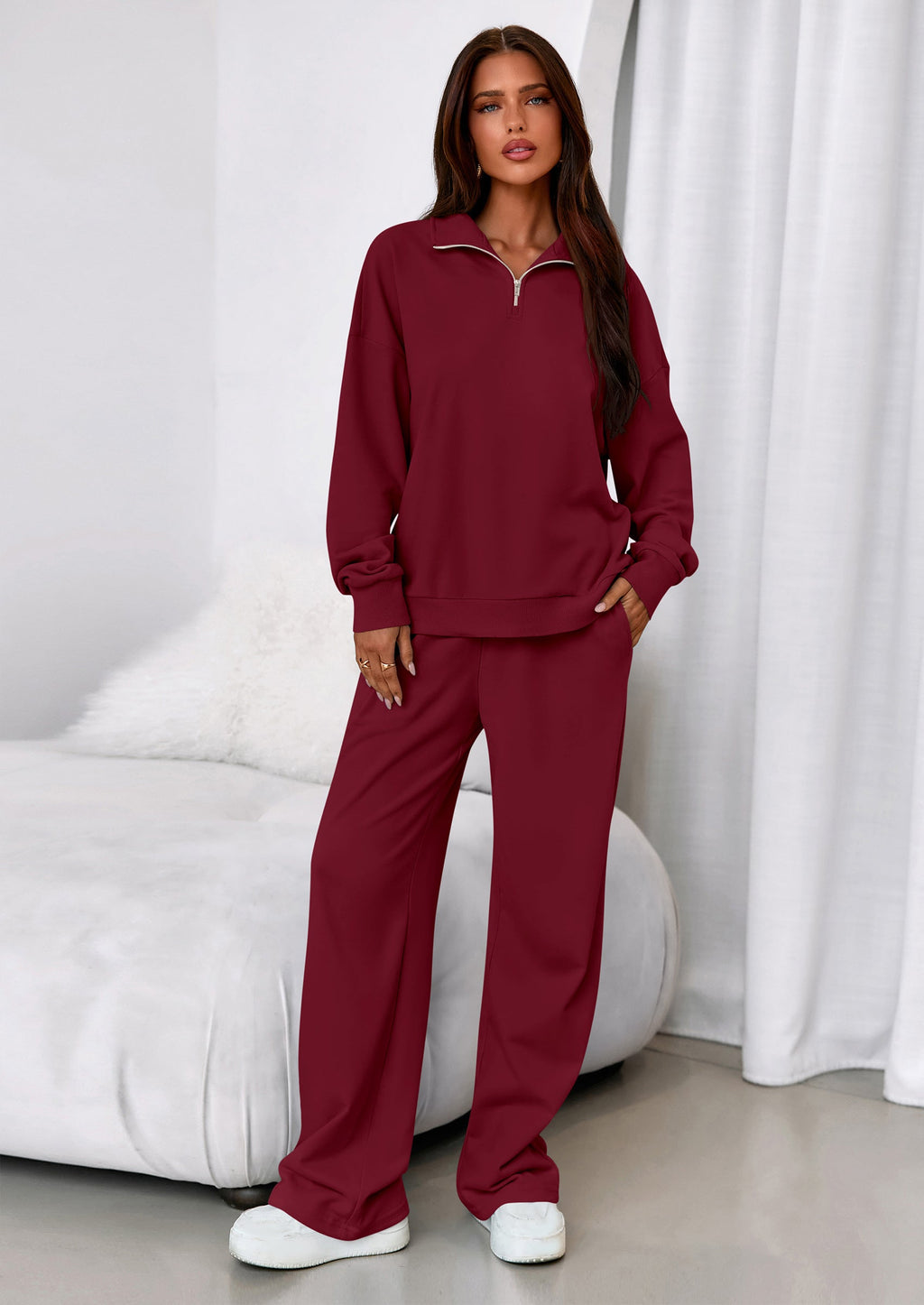Womens Casual Two Piece Sets Fall Outfits Quarter Zip Sweatshirts Straight Leg Pants Sweatsuits Tracksuit