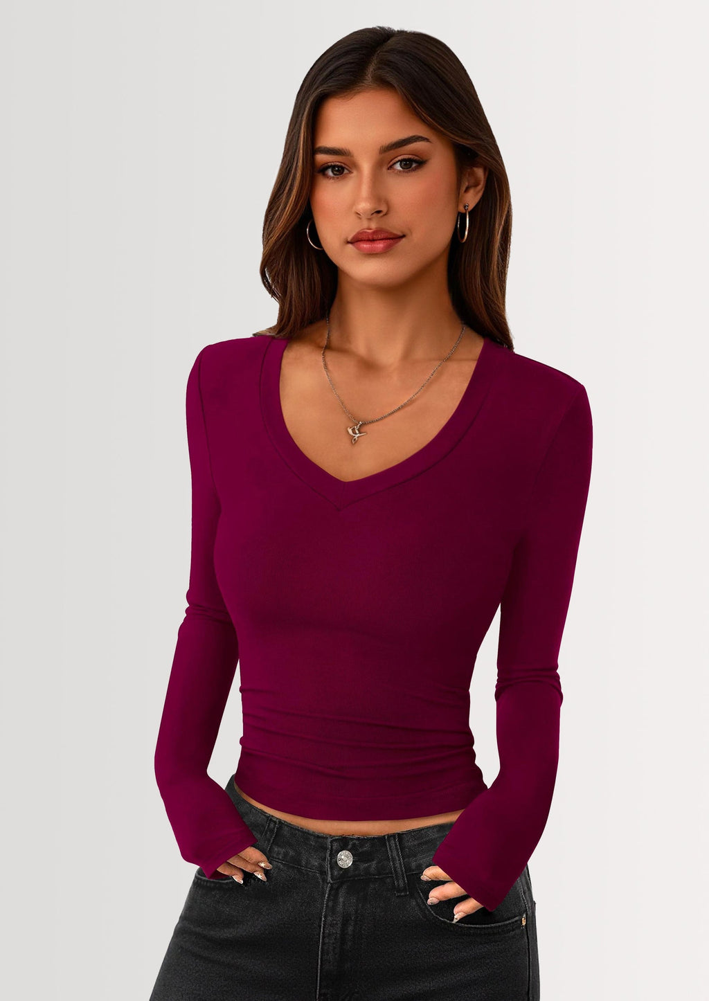 Womens Long Sleeve T Shirts Fall Trendy Deep V Neck Slim Fit Basic Crop Tops Casual Going Out Top