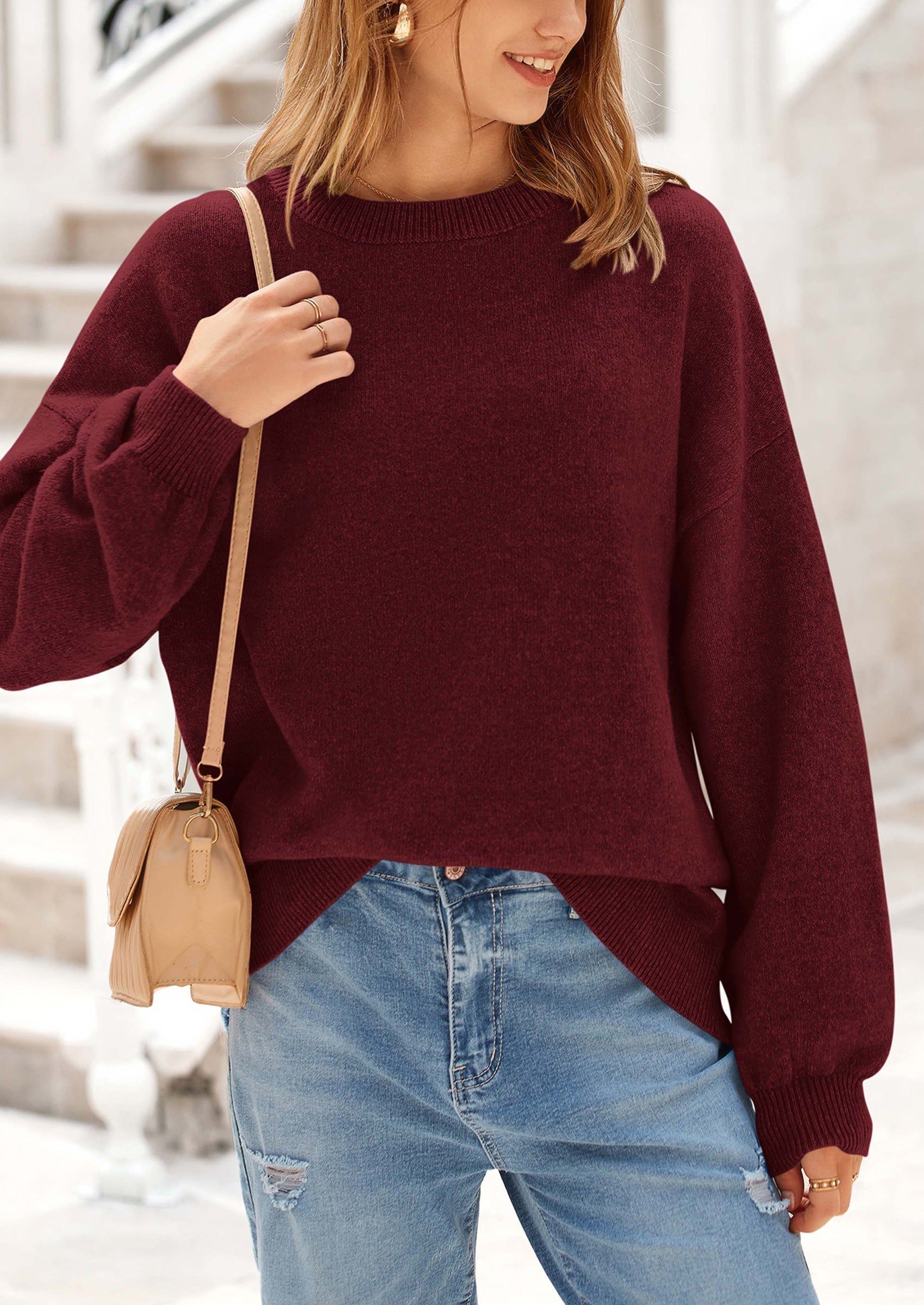 Women's Fall Sweaters Casual Crew Neck Long Sleeve Pullover Tops Ribbed Knit Loose Fit Winter Clothes