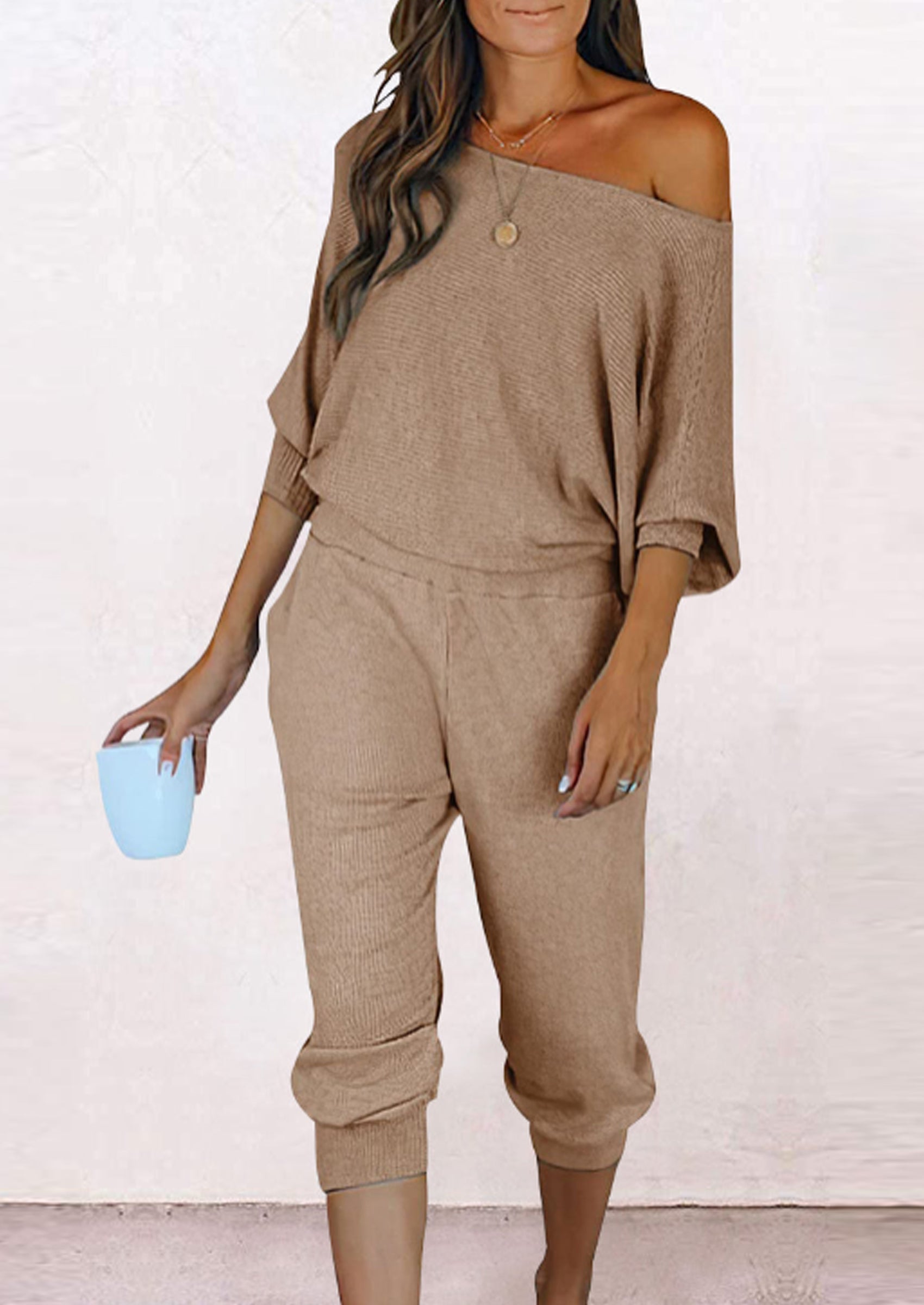 Women's 2 Piece Ribbed Tracksuit Outfits Off Shoulder Long Sleeve Pullover Lounge Pants with Pockets