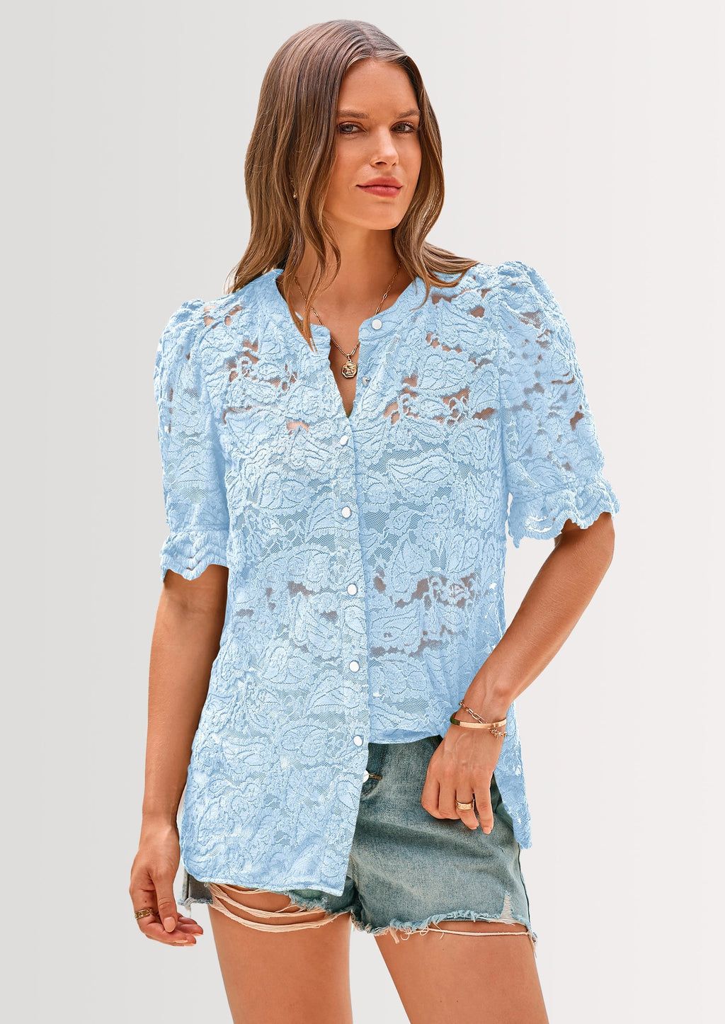 Womens Spring Lace Tops Short Puff Sleeve Casual Dressy Blouses Eyelet Crew Neck Button Down Shirts