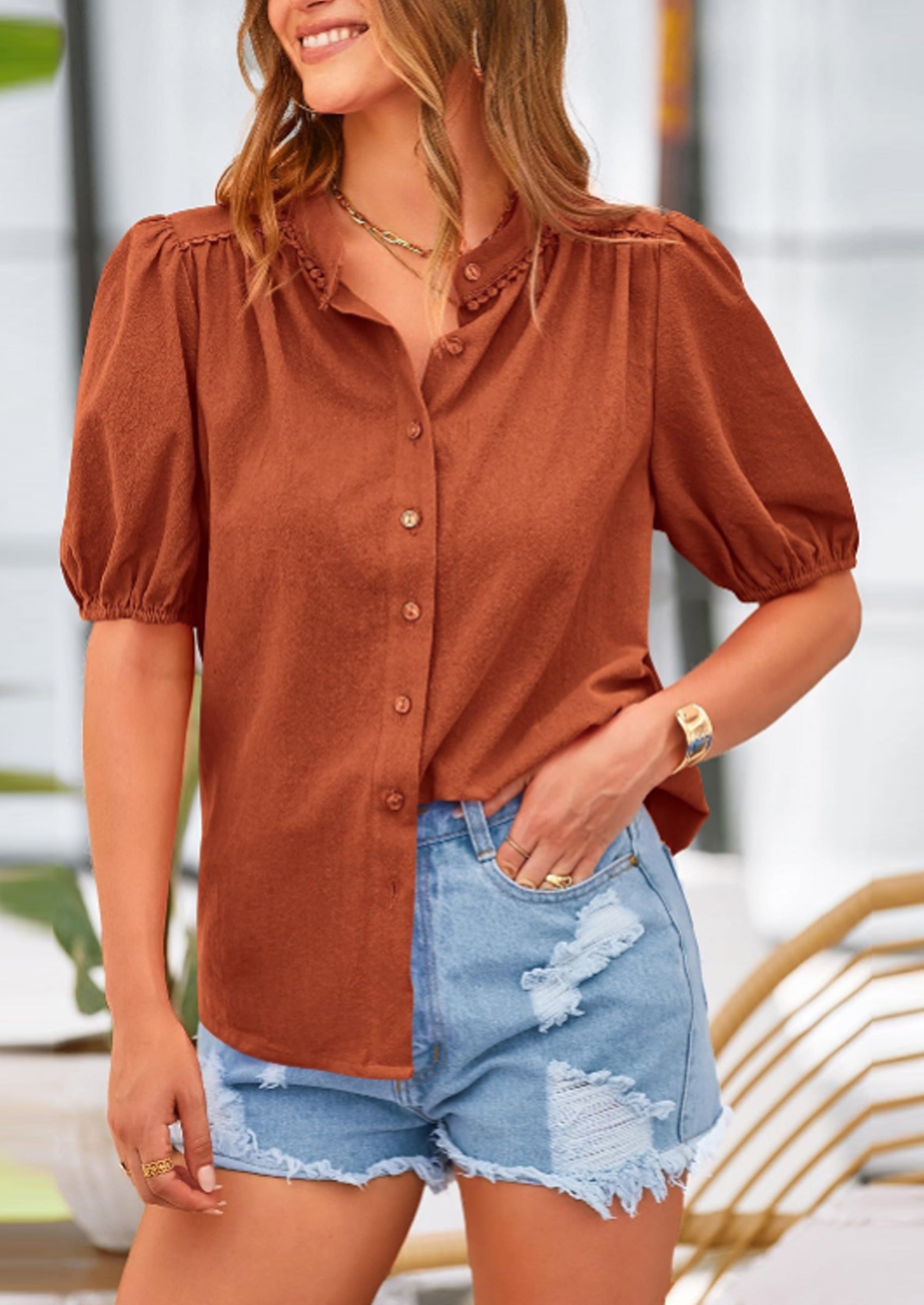 Women's Summer Tops Button Down Shirts Short Lantern Sleeve V Neck Cotton Cute Dressy Casual Blouses