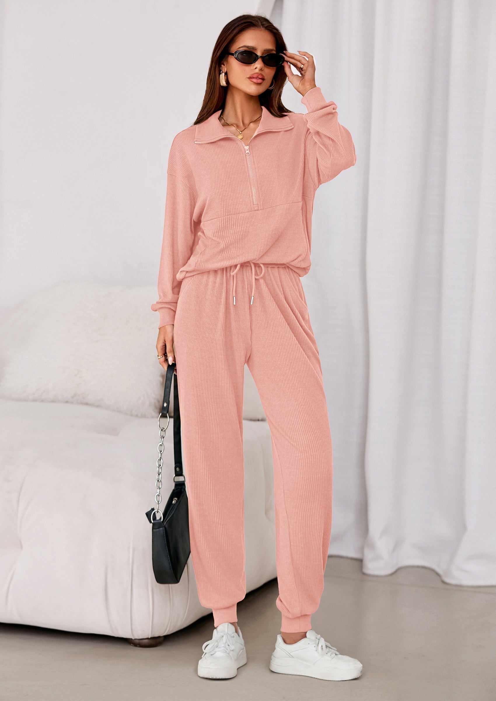 Women's Fall 2 Piece Lounge Sets Zip Up Sweatshirt Jogger Pants Sweat Track Suits Travel Outfit Winter Clothing
